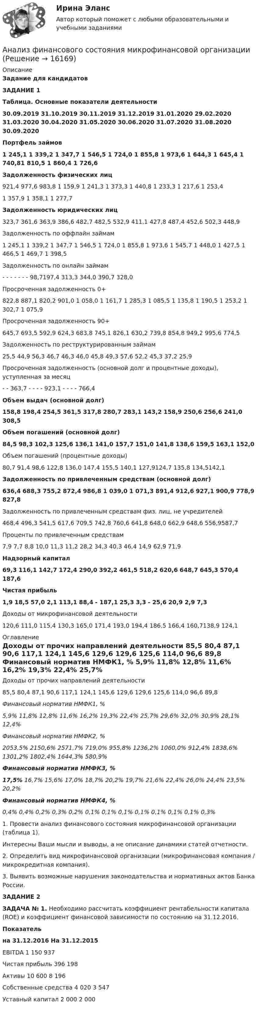     
          Описание
          Задание для кандидатовЗАДАНИЕ 1 Таблица. Основные показатели деятельности   30.09.2019 31.10.2019 30.11.2019 31.12.2019 31.01.2020 29.02.2020 31.03.2020 30.04.2020 31.05.2020 30.06.2020 31.07.2020 31.08.2020 30.09.2020 Портфель займов 1 245,1 1 339,2 1 347,7 1 546,5 1 724,0 1 855,8 1 973,6 1 644,3 1 645,4 1 740,81 810,5 1 860,4 1 726,6   Задолженность физических лиц 921,4 977,6 983,8 1 159,9 1 241,3 1 373,3 1 440,8 1 233,3 1 217,6 1 253,4 1 357,9 1 358,1 1 277,7   Задолженность юридических лиц 323,7 361,6 363,9 386,6 482,7 482,5 532,9 411,1 427,8 487,4 452,6 502,3 448,9   Задолженность по оффлайн займам 1 245,1 1 339,2 1 347,7 1 546,5 1 724,0 1 855,8 1 973,6 1 545,7 1 448,0 1 427,5 1 466,5 1 469,7 1 398,5   Задолженность по онлайн займам - - - - - - - 98,7197,4 313,3 344,0 390,7 328,0   Просроченная задолженность 0+ 822,8 887,1 820,2 901,0 1 058,0 1 161,7 1 285,3 1 085,5 1 135,8 1 190,5 1 253,2 1 302,7 1 075,9   Просроченная задолженность 90+ 645,7 693,5 592,9 624,3 683,8 745,1 826,1 630,2 739,8 854,8 949,2 995,6 774,5   Задолженность по реструктурированным займам 25,5 44,9 56,3 46,7 46,3 46,0 45,8 49,3 57,6 52,2 45,3 37,2 25,9   Просроченная задолженность (основной долг и процентные доходы), уступленная за месяц - - 363,7 - - - - 923,1 - - - - 766,4   Объем выдач (основной долг)158,8 198,4 254,5 361,5 317,8 280,7 283,1 143,2 158,9 250,6 256,6 241,0 308,5 Объем погашений (основной долг) 84,5 98,3 102,3 125,6 136,1 141,0 157,7 151,0 141,8 138,6 159,5 163,1 152,0   Объем погашений (процентные доходы) 80,7 91,4 98,6 122,8 136,0 147,4 155,5 140,1 127,9124,7 135,8 134,5142,1 Задолженность по привлеченным средствам (основной долг) 636,4 688,3 755,2 872,4 986,8 1 039,0 1 071,3 891,4 912,6 927,1 900,9 778,9 827,8   Задолженность по привлеченным средствам физ. лиц, не учредителей 468,4 496,3 541,5 617,6 709,5 742,8 760,6 641,8 648,0 662,9 648,6 556,9587,7   Проценты по привлеченным средствам 7,9 7,7 8,8 10,0 11,3 11,2 28,2 34,3 40,3 46,4 14,9 62,9 71,9 Надзорный капитал 69,3 116,1 142,7 172,4 290,0 392,2 461,5 518,2 620,6 648,7 645,3 570,4 187,6 Чистая прибыль 1,9 18,5 57,0 2,1 113,1 88,4 - 187,1 25,3 3,3 - 25,6 20,9 2,9 7,3   Доходы от микрофинансовой деятельности 120,6 111,0 115,4 130,3 165,0 171,4 193,0 194,4 186,5 166,4 160,7138,9 124,1  
          Оглавление
           Доходы от прочих направлений деятельности 85,5 80,4 87,1 90,6 117,1 124,1 145,6 129,6 129,6 125,6 114,0 96,6 89,8 Финансовый норматив НМФК1, % 5,9% 11,8% 12,8% 11,6% 16,2% 19,3% 22,4% 25,7% 29,6% 32,0% 30,9% 28,1% 12,4% Финансовый норматив НМФК2, % 2053,5% 2150,6% 2571,7% 719,0% 955,8% 1236,2% 1060,0% 912,4% 1838,6% 1301,2% 1802,4% 1644,3% 580,9% Финансовый норматив НМФК3, % 17,5% 16,7% 15,6% 17,0% 18,7% 20,2% 19,7% 21,6% 22,4% 26,0% 24,4% 23,5% 20,2% Финансовый норматив НМФК4, % 0,4% 0,4% 0,2% 0,3% 0,2% 0,1% 0,1% 0,1% 0,1% 0,1% 0,1% 0,1% 0,3% 1.     Провести анализ финансового состояния микрофинансовой организации (таблица 1). Интересны Ваши мысли и выводы, а не описание динамики статей отчетности.  2.    Определить вид микрофинансовой организации (микрофинансовая компания / микрокредитная компания). 3.     Выявить возможные нарушения законодательства и нормативных актов Банка России.ЗАДАНИЕ 2 ЗАДАЧА № 1. Необходимо рассчитать коэффициент рентабельности капитала (ROE) и коэффициент финансовой зависимости по состоянию на 31.12.2016. Показатель на 31.12.2016 На 31.12.2015   	EBITDA 	1 150 	937   	Чистая прибыль 	396 	198   	Активы 	10 600 	8 196   	Собственные средства 	4 020 	3 547   	Уставный капитал 	2 000 	2 000 
            
            
            АНАЛИЗ ФИНАНСОВОГО СОСТОЯНИЯ - вариант №5 - АО КордиантАнализ финансового состояния микрофинансовой организации«Анализ финансового состояния ООО Анализ финансового состояния ПАО  ОДК «Уфимское моторостроительное производственное объединение» Анализ финансовой деятельностиАнализ финансовой отчетностиАнализ финансовой отчетностиАнализ уязвимостей и разработке методов защиты указанного сетевого прибораАнализ факторов профессионального выбора и становленияАнализ факторов совокупного спроса в современной экономике. Прогнозирование совокупного спросаАнализ финансового положения предприятияАнализ финансового положения предприятия и управления активами предприятия вариант 93Анализ финансового состояния АО «Вертолеты России» (2017-2019 гг.)Анализ финансового состояния АО «Краспригород» (2017-2019 гг.)