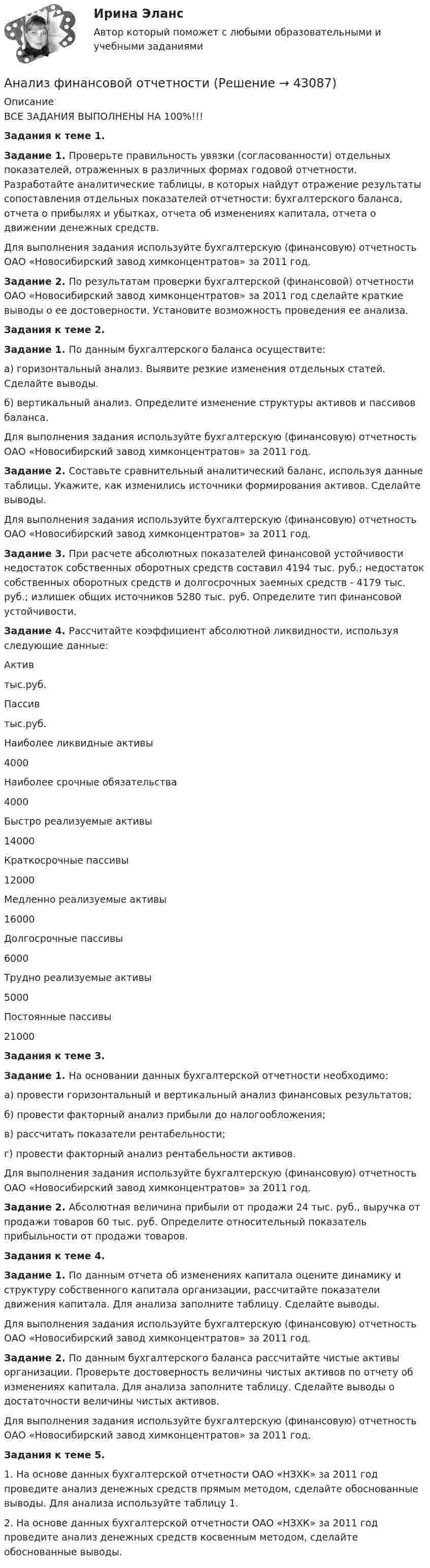      
            Описание
            ВСЕ ЗАДАНИЯ ВЫПОЛНЕНЫ НА 100%!!!Задания к теме 1. Задание 1. Проверьте правильность увязки (согласованности) отдельных показателей, отраженных в различных формах годовой отчетности. Разработайте аналитические таблицы, в которых найдут отражение результаты сопоставления отдельных показателей отчетности: бухгалтерского баланса, отчета о прибылях и убытках, отчета об изменениях капитала, отчета о движении денежных средств.Для выполнения задания используйте бухгалтерскую (финансовую) отчетность ОАО «Новосибирский завод химконцентратов» за 2011 год.Задание 2. По результатам проверки бухгалтерской (финансовой) отчетности ОАО «Новосибирский завод химконцентратов» за 2011 год сделайте краткие выводы о ее достоверности. Установите возможность проведения ее анализа.Задания к теме 2. Задание 1.  По данным бухгалтерского баланса осуществите:а) горизонтальный анализ. Выявите резкие изменения отдельных статей. Сделайте выводы.б) вертикальный анализ. Определите изменение структуры активов и пассивов баланса.Для выполнения задания используйте бухгалтерскую (финансовую) отчетность ОАО «Новосибирский завод химконцентратов» за 2011 год.Задание 2.  Составьте сравнительный аналитический баланс, используя данные таблицы. Укажите, как изменились источники формирования активов. Сделайте выводы.Для выполнения задания используйте бухгалтерскую (финансовую) отчетность ОАО «Новосибирский завод химконцентратов» за 2011 год.Задание 3.  При расчете абсолютных показателей финансовой устойчивости недостаток собственных оборотных средств составил 4194 тыс. руб.; недостаток собственных оборотных средств и долгосрочных заемных средств - 4179 тыс. руб.; излишек общих источников 5280 тыс. руб. Определите тип финансовой устойчивости.Задание 4. Рассчитайте коэффициент абсолютной ликвидности, используя следующие данные:   Актив тыс.руб. Пассив тыс.руб.   Наиболее ликвидные активы 4000 Наиболее срочные обязательства 4000   Быстро реализуемые активы 14000 Краткосрочные пассивы 12000   Медленно реализуемые активы 16000 Долгосрочные пассивы 6000   Трудно реализуемые активы 5000 Постоянные пассивы 21000Задания к теме 3. Задание 1.  На основании данных бухгалтерской отчетности необходимо:а)    провести горизонтальный и вертикальный анализ финансовых результатов;б)   провести факторный анализ прибыли до налогообложения;в)    рассчитать показатели рентабельности;г)    провести факторный анализ рентабельности активов.	Для выполнения задания используйте бухгалтерскую (финансовую) отчетность ОАО «Новосибирский завод химконцентратов» за 2011 год.Задание 2. Абсолютная величина прибыли от продажи 24 тыс. руб., выручка от продажи товаров 60 тыс. руб. Определите относительный показатель прибыльности от продажи товаров.Задания к теме 4. Задание 1.  По данным отчета об изменениях капитала оцените динамику и структуру собственного капитала организации, рассчитайте показатели движения капитала. Для анализа заполните таблицу. Сделайте выводы.Для выполнения задания используйте бухгалтерскую (финансовую) отчетность ОАО «Новосибирский завод химконцентратов» за 2011 год.Задание 2.  По данным бухгалтерского баланса рассчитайте чистые активы организации. Проверьте достоверность величины чистых активов по отчету об изменениях капитала. Для анализа заполните таблицу. Сделайте выводы о достаточности величины чистых активов.Для выполнения задания используйте бухгалтерскую (финансовую) отчетность ОАО «Новосибирский завод химконцентратов» за 2011 год. Задания к теме 5.  1. На основе данных бухгалтерской отчетности ОАО «НЗХК» за 2011 год проведите анализ денежных средств прямым методом, сделайте обоснованные выводы. Для анализа используйте таблицу 1.2. На основе данных бухгалтерской отчетности ОАО «НЗХК» за 2011 год проведите анализ денежных средств косвенным методом, сделайте обоснованные выводы.  
            
            
            Анализ финансовой отчетностиАнализ финансовой отчетностиАнализ финансовой отчетностиАнализ финансовой отчетностиАнализ финансовой отчетностиАнализ финансовой отчетности  Анализ финансовой отчетности ВСЕ ЗАДАНИЯАнализ финансового состояния АО «Краспригород» (2017-2019 гг.)Анализ финансового состояния бюджетной организации: вариант 1- государственный радиотехнический университет имени В.Ф. Уткина».АНАЛИЗ ФИНАНСОВОГО СОСТОЯНИЯ - вариант №5 - АО КордиантАнализ финансового состояния микрофинансовой организации«Анализ финансового состояния ООО Анализ финансового состояния ПАО  ОДК «Уфимское моторостроительное производственное объединение» Анализ финансовой деятельности