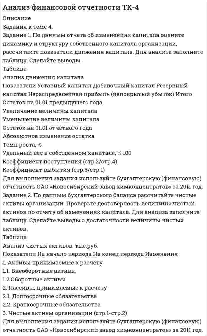 




Описание


Здравствуй, друг! Если нужны ещё контрольные работы или ответы на тесты, пиши в личку. Все контрольные были проверены преподавателями и оценены на положительную оценку в название файла указан процент, НЕ ЗАБУДЬ ОБЯЗАТЕЛЬНО % УДАЛИТЬ ПРИ ЗАГРУЗКЕ ФАЙЛА НА ПОРТАЛ




Оглавление


Задания к теме 5.
Задание 1
По данным таблицы 1 необходимо:
1) рассчитать фондоотдачу и оборачиваемость оборотных активов;
2) используя прием относительных разностей, рассчитать влияние на изменение выпуска продукции следующих факторов:
среднегодовой стоимости ОПФ и фондоотдачи;
величины оборотных средств и их оборачиваемости;
3) дать аналитическую оценку по результатам расчетов.
Таблица 1
Исходные данные для анализа влияния факторов
использования ОПФ и оборотных средств на объем продаж
Показатель Предыдущий год Отчетный год Абсолютное отклонение (+,–) Темп
роста, %
Объем продаж, тыс. руб. 55348 56384
Среднегодовая стоимость ОПФ, тыс. руб. 37546 35478
Среднегодовые остатки оборотных активов, тыс. руб. 18378 20405
Фондоотдача, руб.
Оборачиваемость оборотных активов, обороты
Задание 2
По данным таблицы 2 необходимо:
1) составить модель зависимости прибыли до налогообложения от среднегодовой стоимости ОПФ, их структуры и фондорентабельности активной части ОПФ;
2) рассчитать влияние факторов на изменение прибыли индексным методом;
3) дать аналитическую оценку по результатам расчетов.
Таблица 2
Исходные данные для факторного анализа
прибыли до налогообложения
Показатель Предыдущий год Отчетный год Абсолютное отклонение (+,–) Темп
роста, %
Прибыль до налогообложения, тыс. руб. 12564 10876
Среднегодовая стоимость ОПФ, тыс. руб. 65348 67550
Среднегодовая стоимость активной части ОПФ, тыс. руб. 35750 37964
Удельный вес активной части ОПФ в общей их величине, %
Фондорентабельность активной части ОПФ, %



            
            
            Задание 1. По данным отчета об изменениях капитала оцените динамику и структуру собственного капитала организации, рассчитайте показатели движения капитала. Для анализа заполните таблицу. Сделайте выводы. ТаблицаЗадание 1. По данным отчета об изменениях капитала оцените динамику и структуру собственного капитала организации, рассчитайте показатели движения капитала. Для анализа заполните таблицу. Сделайте выводы. Таблица Анализ движения капиталаЗадание 1. По данным региональной статистики рассчитать показатели динамики ВРП за 2004 — 2014 г.г. и экстраполировать значения на 6 лет используя экспоненциальное сглаживание. Изобразить графически и сделать вывод.Задание 1 По данным таблицы 1 необходимо: 1) рассчитать показатели фондоотдачи, фондоемкости, фондорентабельности и фондовооруженности; 2) определить факторы, оказывающие влияние на изменение фондоотдачи, и провести факторный анализ этого показателя,Задание 1 По данным таблицы 1 необходимо: 1) рассчитать фондоотдачу и оборачиваемость оборотных активов; 2) используя прием относительных разностей, рассчитать влияние на изменение выпуска продукции следующих факторов: среднегодовой стоимости ОПФ и фондоотдачи; величины оборотных средств и их оборачиваемостиЗадание 1. По данным таблицы необходимо: - оценить динамику показателей, характеризуюзих деятельность автотранспортного предприятия; - проанализировать влияние факторов на изменение объема грузоперевозок (выручки); - рассчитать рентабельность грузоперевозок. По результатам анализа сделать выводы. Показатели, характеризующие деятельностьЗадание 1. По данным таблицы необходимо: - оценить динамику показателей, характеризующих деятельность автотранспортного предприятия; - проанализировать влияние факторов на изменение объема грузоперевозок (выручки); - рассчитать рентабельность грузоперевозок. По результатам анализа сделать выводы.Задание 1. Пешеход шел по пересеченной местности. Его скорость движения по равнине v1 км/ч, в гору – v2 км/ч, под гору – v3 км/ч и в подъем – v4 км/ч. Время движения соответственно t1 , t2 , t3 и t4 ч. Какой путь прошел пешеход?Задание 1. Письмо. Fill in the formЗадание 1 ﻿ Планируется начать организацию производства совершенно нового класса электропроводящих пленочных композиционных материалов. Материал относится к классу пленочных композиционных материалов с уникальным сочетанием высокой сорбционной способности и низкого электрического сопротивления. Высокая электропроводимость материала способна резко повысить избирательность сорбции, регулировать скорость сорбции и десорбции, что необходимо при создании материалов многоразового использования. Области применения: промышленность, медицина и биология.Задание 1 по Высшей математике 3  Вариант 7 РосдистантЗадание 1. По данным бухгалтерского баланса осуществите: а) горизонтальный анализ. Выявите резкие изменения отдельных статей. Сделайте выводы. б) вертикальный анализ. Определите изменение структуры активов и пассивов баланса.Задание 1. По данным бухгалтерского баланса осуществите: а) горизонтальный анализ. Выявите резкие изменения отдельных статей. Сделайте выводы. б) вертикальный анализ. Определите изменение структуры активов и пассивов баланса.. 2Задание 1 По данным бухгалтерского баланса проведите анализ структуры активов и пассивов, дайте оценку их динамики (изменениям) за исследуемый период. В выводах определите принадлежность к виду экономической деятельности организации, основываясь на оценке состава ее активов, дайте характеристику произошедшим изменениям структуры активов и пассивов, оцените структуру источников финансирования (пассивов).