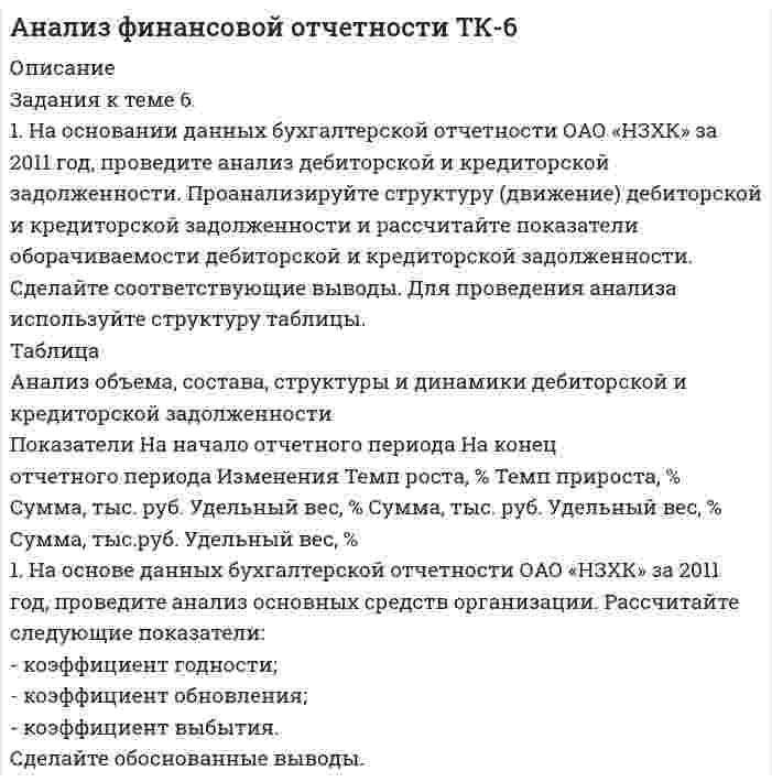




Описание

Задания к теме 6.
1. На основании данных бухгалтерской отчетности ОАО «НЗХК» за 2011 год, проведите анализ дебиторской и кредиторской задолженности. Проанализируйте структуру (движение) дебиторской и кредиторской задолженности и рассчитайте показатели оборачиваемости дебиторской и кредиторской задолженности. Сделайте соответствующие выводы. Для проведения анализа используйте структуру таблицы.
Таблица
Анализ объема, состава, структуры и динамики дебиторской и кредиторской задолженности
Показатели На начало отчетного периода На конец
отчетного периода Изменения Темп роста, % Темп прироста, %
Сумма, тыс. руб. Удельный вес, % Сумма, тыс. руб. Удельный вес, % Сумма, тыс.руб. Удельный вес, %
1. На основе данных бухгалтерской отчетности ОАО «НЗХК» за 2011 год, проведите анализ основных средств организации. Рассчитайте следующие показатели:
- коэффициент годности;
- коэффициент обновления;
- коэффициент выбытия.
Сделайте обоснованные выводы.


            
            
            1. На основании данных бухгалтерской отчетности ОАО «НЗХК» за 2011 год, проведите анализ дебиторской и кредиторской задолженности. Проанализируйте структуру (движение) дебиторской и кредиторской задолженности и рассчитайте показатели оборачиваемости дебиторской и кредиторской задолженности. Сделайте соответствующие выводы. Для проведения анализа используйте структуру таблицы.1. На основании данных бухгалтерской отчетности ОАО «НЗХК» за 2011 год, проведите анализ дебиторской и кредиторской задолженности. Проанализируйте структуру (движение) дебиторской и кредиторской задолженности и рассчитайте показатели оборачиваемости дебиторской и кредиторской задолженности. Сделайте соответствующие выводы. Для проведения анализа используйте структуру таблицы.. 21. На основании данных бухгалтерской отчетности ОАО «НЗХК» за 2011 год, проведите анализ дебиторской и кредиторской задолженности. Проанализируйте структуру (движение) дебиторской и кредиторской задолженности и рассчитайте показатели оборачиваемости дебиторской и кредиторской задолженности. Сделайте соответствующие выводы. Для проведения анализа используйте структуру таблицы.. 31. На основании данных бухгалтерской отчетности ОАО «НЗХК» за 2014 год, проведите анализ дебиторской и кредиторской задолженности. Проанализируйте структуру (движение) дебиторской и кредиторской задолженности и рассчитайте показатели оборачиваемости дебиторской и кредиторской задолженности. Сделайте соответствующие выводы. Для проведения анализа используйте структуру таблицы.1) На основании ПБУ 9/99 “Доходы организаций” и ПБУ 10/99 “Расходы организаций” изучите группы доходов и расходов предприятия, их полный состав, факторы, на них влияющие, и задачи финансовой службы предприятия по их управлению. 2) Результаты исследования оформите в виде таблицы1. На основании хозяйственных операций произвести записи в журнал регистрации хозяйственных операций (прил. 1), руководствуясь Планом счетов и Инструкцией по применению Плана счетов бухгалтерского учета финансово-хозяйственной деятельности.1. На основании хозяйственных операций произвести записи в журнал регистрации хозяйственных операций (прил. 1), руководствуясь Планом счетов и Инструкцией по применению Плана счетов бухгалтерского учета финансово-хозяйственной деятельности.. 21.Найти область определения, точки разрыва. 2. Исследовать функцию на четность, периодичность 3. Исследовать поведение функции на концах области определения. Указать асимптоты. 4. Найти промежутки монотонности. Точки экстремума. 5. Найти промежутки выпуклости. Точки перегиба1.Найти область определения, точки разрыва.1. Найти область определения, точки разрыва. 2. Исследовать функцию на четность, периодичность. 3. Исследовать поведение функции на концах области определения. Указать асимптоты. 4. Найти промежутки монотонности. Точки экстремума. 5. Найти промежутки выпуклости. Точки перегиба. 6. Найти площадь фигуры, ограниченной графиком функции 𝑦 = (2𝑥 + 3)𝑒 5𝑥 и прямыми 𝑥 = 0, 𝑥 = 2, 𝑦 = 0. Результаты исследования оформить в виде таблицы.1. Найти общее решение дифференциального уравнения: y` + y/x = x. 2. Найти общее решение дифференциального уравнения: y` = y/x + cos2(y/x). 3. Найти общее решение дифференциального уравнения: y```– 3y``+ 2y` = 0. 4. Найти общий вид частного решение дифференциального уравнения:1) Найти проекцию вектора a=2i-4j-2k на вектор b=3i-4j+k. 2) При каком значении m векторы a=(2,-4, m) на вектор b=(-2,-3,-2) перпендикулярны? 3) При каких значениях y и z векторы a=(-4, y, -4) и b=(-2,-3 , z) коллинеарны? 4) Если известны прекции двумерных векторов a и b на оси координат: ax=2, ay=2, bx=3, by=4, то найти проекции вектора c=-3a-2b.1) Найти решение графическим методом. 2) Написать функцию Лагранжа данной задачи и найти ее седловую точку, используя решение задачи, полученное графически.1. Найти собственную длину стержня, если в лабораторной системе отсчета его скорость v = 2c/3, длина 0,5 м и угол между ним и направлением движения 30°. Ответ: 0.61 м1. Налог на доходы физлиц. Элементы налога. Порядок применения стандартных налоговых вычетов. 2. Расчёт налоговой базы и суммы НДФЛ налоговым агентом.