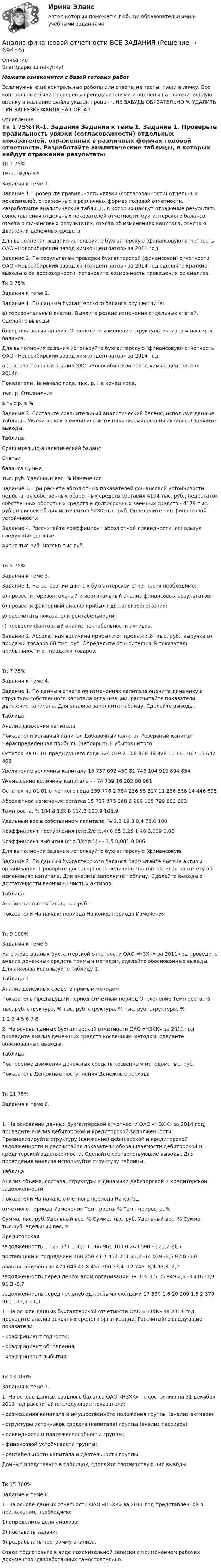      
            Описание
            Благодарю за покупку!Можете ознакомится с базой готовых работ Если нужны ещё контрольные работы или ответы на тесты, пиши в личку. Все контрольные были проверены преподавателями и оценены на положительную оценку в название файла указан процент, НЕ ЗАБУДЬ ОБЯЗАТЕЛЬНО % УДАЛИТЬ ПРИ ЗАГРУЗКЕ ФАЙЛА НА ПОРТАЛ. 
            Оглавление
            Тк 1 75%ТК-1. Задания
Задания к теме 1.
 Задание 1. Проверьте правильность увязки (согласованности) отдельных показателей, отраженных в различных формах годовой отчетности. Разработайте аналитические таблицы, в которых найдут отражение результаты сопоставления отдельных показателей отчетности: бухгалтерского баланса, отчета о финансовых результатах, отчета об изменениях капитала, отчета о движении денежных средств.
Для выполнения задания используйте бухгалтерскую (финансовую) отчетность ОАО «Новосибирский завод химконцентратов» за 2011 год. 
Задание 2. По результатам проверки бухгалтерской (финансовой) отчетности ОАО «Новосибирский завод химконцентратов» за 2014 год сделайте краткие выводы о ее достоверности. Установите возможность проведения ее анализа.Тк 3 75%Задания к теме 2.

Задание 1.  По данным бухгалтерского баланса осуществите:
а) горизонтальный анализ. Выявите резкие изменения отдельных статей. Сделайте выводы.
б) вертикальный анализ. Определите изменение структуры активов и пассивов баланса.
Для выполнения задания используйте бухгалтерскую (финансовую) отчетность ОАО «Новосибирский завод химконцентратов» за 2014 год.
а.) Горизонтальный анализ ОАО «Новосибирской завод химконцентратов», 2014г.
Показатели	На начало года, тыс. р.	На конец года, 
тыс. р.	Отклонения
			в тыс.р.	в %

Задание 2.  Составьте сравнительный аналитический баланс, используя данные таблицы. Укажите, как изменились источники формирования активов. Сделайте выводы.
Таблица
Сравнительно-аналитический  баланс
Статьи 
баланса	Сумма,
 тыс. руб.	Удельный вес, %	Изменения
Задание 3.  При расчете абсолютных показателей финансовой устойчивости недостаток собственных оборотных средств составил 4194 тыс. руб.; недостаток собственных оборотных средств и долгосрочных заемных средств - 4179 тыс. руб.; излишек общих источников 5280 тыс. руб. Определите тип финансовой устойчивостиЗадание 4. Рассчитайте коэффициент абсолютной ликвидности,  используя следующие данные:

Актив	тыс.руб.	Пассив	тыс.руб.
Тк 5 75%Задания к теме 3.

Задание 1.  На основании данных бухгалтерской отчетности необходимо:
а)	провести горизонтальный и вертикальный анализ финансовых результатов;
б)	провести факторный анализ прибыли до налогообложения;
в)	рассчитать показатели рентабельности;
г)	провести факторный анализ рентабельности активов.
Задание 2. Абсолютная величина прибыли от продажи 24 тыс. руб., выручка от продажи товаров 60 тыс. руб. Определите относительный показатель прибыльности от продажи товаров.Тк 7 75%Задания к теме 4.

Задание 1.  По данным отчета об изменениях капитала оцените динамику и структуру собственного капитала организации, рассчитайте показатели движения капитала. Для анализа заполните таблицу. Сделайте выводы.
Таблица
Анализ движения капитала

Показатели	Уставный капитал	Добавочный капитал	Резервный капитал	Нераспределенная прибыль (непокрытый убыток)	Итого
Остаток на 01.01 предыдущего года	324 039	2 108 868	48 828	11 161 067	13 642 802
Увеличение величины капитала	15 737	692 450	81 748	104 919	894 854
Уменьшение величины капитала	-	-	74 759	16 202	90 961
Остаток на 01.01 отчетного года	339 776	2 784 236	55 817	11 266 866	14 446 695
Абсолютное изменение остатка	15 737	675 368	6 989	105 799	803 893
Темп роста, %	104,8	132,0	114,3	100,9	105,9
Удельный вес в собственном капитале, %	2,3	19,3	0,4	78,0	100
Коэффициент поступления (стр.2/стр.4)	0,05	0,25	1,46	0,009	0,06
Коэффициент выбытия (стр.3/стр.1)	-	-	1,5	0,001	0,006

Для выполнения задания используйте бухгалтерскую (финансовуюЗадание 2.  По данным бухгалтерского баланса рассчитайте чистые активы организации. Проверьте достоверность величины чистых активов по отчету об изменениях капитала. Для анализа заполните таблицу. Сделайте выводы о достаточности величины чистых активов.
Таблица 
Анализ чистых активов, тыс.руб.
Показатели	На начало  периода	На конец периода	Изменения
Тк 9 100%Задания к теме 5

На основе данных бухгалтерской отчетности ОАО «НЗХК» за 2011 год проведите анализ денежных средств прямым методом, сделайте обоснованные выводы. Для анализа используйте таблицу 1.
Таблица 1
Анализ денежных средств прямым методом
Показатель	Предыдущий период	Отчетный период	Отклонение	Темп роста, %
	тыс. руб.	структура, %	тыс. руб.	структура, %	тыс. руб.	структуры, %	
1	2	3	4	5	6	7	8
2. На основе данных бухгалтерской отчетности ОАО «НЗХК» за 2011 год проведите анализ денежных средств косвенным методом, сделайте обоснованные выводы.
Таблица 
Построение движения денежных средств косвенным методом, тыс. руб.
Показатель	Денежные поступления	Денежные расходы
Тк 11 75%Задания к теме 6.1. На основании данных бухгалтерской отчетности ОАО «НЗХК» за 2014 год, проведите анализ дебиторской и кредиторской задолженности. Проанализируйте структуру (движение) дебиторской и кредиторской задолженности и рассчитайте показатели оборачиваемости дебиторской и кредиторской задолженности. Сделайте соответствующие выводы. Для проведения анализа используйте структуру таблицы.Таблица Анализ объема, состава, структуры и динамики дебиторской и кредиторской задолженностиПоказатели	На начало отчетного периода	На конец отчетного периода	Изменения	Темп роста, %	Темп прироста, %	Сумма, тыс. руб.	Удельный вес, %	Сумма, тыс. руб.	Удельный вес, %	Сумма, тыс.руб.	Удельный вес, %		Кредиторская задолженность	1 123 371	100,0	1 366 961	100,0	243 590	-	121,7	21,7поставщики и подрядчики	468 250	41,7	454 211	33,2	-14 039	-8,5	97,0	-3,0авансы полученные	470 046	41,8	457 300	33,4	-12 746	-8,4	97,3	-2,7задолженность перед персоналом организации 	39 365	3,5	35 949	2,6	-3 416	-0,9	91,3	-8,7задолженность перед гос.внебюджетными фондами 	17 830	1,6	20 209	1,5	2 379	-0,1	113,3	13,31.	На основе данных бухгалтерской отчетности ОАО «НЗХК» за 2014 год, проведите анализ основных средств организации. Рассчитайте следующие показатели:
- коэффициент годности;
- коэффициент обновления;
- коэффициент выбытия.
Тк 13 100%Задания к теме 7.

1. На основе данных сводного баланса ОАО «НЗХК» по состоянию на 31 декабря 2011 год рассчитайте следующие показатели:
- размещения капитала и имущественного положения группы (анализ активов);
- структуры источников средств (капитала) группы (анализ пассивов)
- ликвидности и платежеспособности группы;
- финансовой устойчивости группы;
- рентабельности капитала и деятельности группы.
Данные представьте в таблицах, сделайте соответствующие выводы.
Тк 15 100%Задание к теме 8. 
1. На основе данных отчетности ОАО «НЗХК» за 2011 год  представленной в приложении, необходимо:
1) определить цели анализа;
2) поставить задачи;
3) разработать программу анализа.
Ответ подготовьте в виде пояснительной записки с применением рабочих документов, разработанных самостоятельно.
  
            
            
            Анализ   финансовой отчетности ВСЕ ЗАДАНИЯ Анализ финансовой отчетности ВСЕ ЗАДАНИЯАнализ финансовой отчетности ВСЕ ЗАДАНИЯАнализ финансовой отчетности ВСЕ ЗАДАНИЯ 100% 2023 годАнализ финансовой отчетности ГК ЭталонАнализ финансовой отчетности.дпо (тест с ответами Синергия/МОИ/ МТИ /МОСАП) Анализ финансовой отчетности  , ИТОГОВЫЙ ТЕСТ, сдан на 90%, СИБУПК, 3 курсАнализ финансовой отчетностиАнализ финансовой отчетностиАнализ финансовой отчетностиАнализ финансовой отчетностиАнализ финансовой отчетностиАнализ финансовой отчетностиАнализ финансовой отчетности 