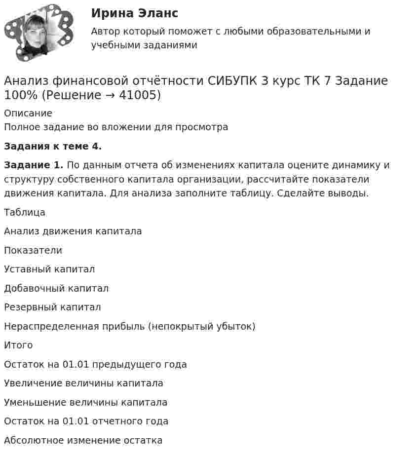     
          Описание
          Полное задание во вложении для просмотраЗадания к теме 4. Задание 1.  По данным отчета об изменениях капитала оцените динамику и структуру собственного капитала организации, рассчитайте показатели движения капитала. Для анализа заполните таблицу. Сделайте выводы.ТаблицаАнализ движения капитала   Показатели Уставный капитал Добавочный капитал Резервный капитал Нераспределенная прибыль (непокрытый убыток) Итого   Остаток на 01.01 предыдущего года        Увеличение величины капитала        Уменьшение величины капитала        Остаток на 01.01 отчетного года        Абсолютное изменение остатка        
            
            
            Анализ финансовой отчётности СИБУПК 3 Курс ТК 6,8 100%Анализ финансовой отчётности СИБУПК 3 курс ТК 7 Задание 100%Анализ финансовой отчётности СИБУПК 3 курс ТК 9 Задание 75%Анализ финансовой отчетности (тест с ответами ММА/ИДО)Анализ финансовой отчетности  ( тест с ответами Синергия) 197 вопросовАнализ финансовой отчетности (тест с ответами Синергия/МОИ/ МТИ)Анализ финансовой отчетности (Тест с ответами СИНЕРГИЯ / МОИ / МТИ)Анализ финансовой отчётности СИБУПК 3 Курс ТК-11 Задание 11 100%Анализ финансовой отчётности СИБУПК 3 Курс ТК-13 Задание  50%Анализ финансовой отчётности СИБУПК 3 Курс ТК 14,16 100%Анализ финансовой отчётности СИБУПК 3 Курс ТК-15 Задание 100%Анализ финансовой отчётности СИБУПК 3 курс ТК1 Задание 100%Анализ финансовой отчётности СИБУПК 3 Курс ТК2,4 100%Анализ финансовой отчётности СИБУПК 3 курс ТК3 Задание 75%