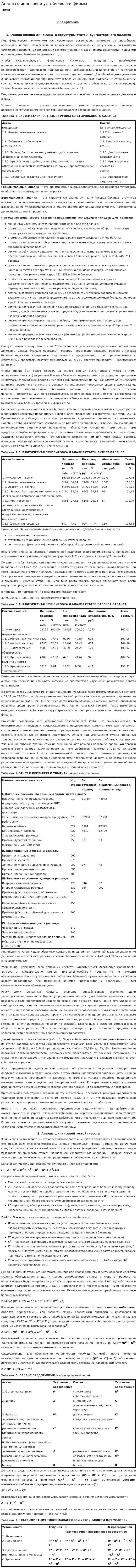 Анализ финансовой устойчивости фирмы