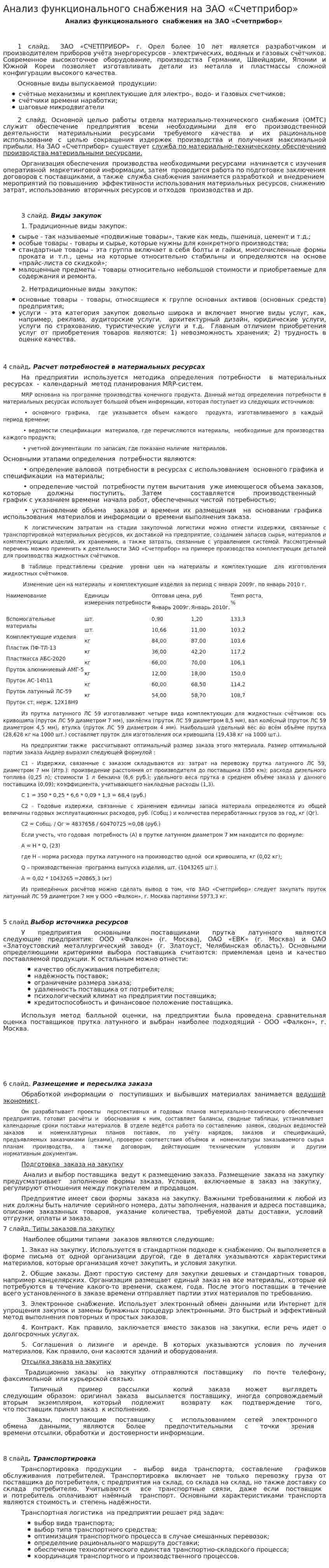 Анализ функционального снабжения на ЗАО «Счетприбор»