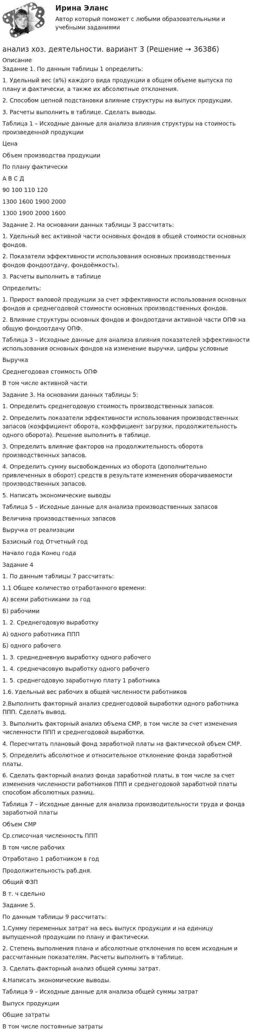     
          Описание
          	Задание 1. По данным таблицы 1 определить:	1.               Удельный вес (в%) каждого вида продукции в общем объеме выпуска по плану и фактически, а также их абсолютные отклонения.	2.               Способом цепной подстановки влияние структуры на выпуск продукции.	3.               Расчеты выполнить в таблице. Сделать выводы.	Таблица 1 – Исходные данные для анализа влияния структуры на стоимость произведенной продукции    Цена Объем производства продукции   По плану фактически   А В С Д    90 100 110 120 1300 1600 1900 2000 1300 1900 2000 1600  Задание 2. На основании данных таблицы 3 рассчитать:	1.               Удельный вес активной части основных фондов в общей стоимости основных фондов.	2.               Показатели эффективности использования основных производственных фондов фондоотдачу, фондоёмкость).	3.               Расчеты выполнить в таблице	Определить:	1.               Прирост валовой продукции за счет эффективности использования основных фондов и среднегодовой стоимости основных производственных фондов.	2.               Влияние структуры основных фондов и фондоотдачи активной части ОПФ на общую фондоотдачу ОПФ.	Таблица 3 – Исходные данные для анализа влияния показателей эффективности использования основных фондов на изменение выручки, цифры условные Выручка Среднегодовая стоимость ОПФ В том числе активной части   	Задание 3. На основании данных таблицы 5:	1.  Определить среднегодовую стоимость производственных запасов.	2. Определить показатели эффективности использования производственных запасов (коэффициент оборота, коэффициент загрузки, продолжительность одного оборота). Решение выполнить в таблице.	3. Определить влияние факторов на продолжительность оборота производственных запасов.	4. Определить сумму высвобожденных из оборота (дополнительно привлеченных в оборот) средств в результате изменения оборачиваемости производственных запасов.	5. Написать экономические выводы	Таблица 5 – Исходные данные для анализа производственных запасов   Величина производственных запасов Выручка от реализации   Базисный год Отчетный год   Начало года Конец года  	Задание 4	1. По данным таблицы 7 рассчитать:	1.1 Общее количество отработанного времени:	А) всеми работниками за год	Б) рабочими	1. 2. Среднегодовую выработку	А) одного работника ППП	Б) одного рабочего	1. 3. среднедневную выработку одного рабочего	1. 4. среднечасовую выработку одного рабочего	1. 5. среднегодовую заработную плату 1 работника	1.6. Удельный вес рабочих в общей численности работников	2.Выполнить факторный анализ среднегодовой выработки одного работника ППП. Сделать вывод.	3. Выполнить факторный анализ объема СМР, в том числе за счет изменения численности ППП и среднегодовой выработки.	4. Пересчитать плановый фонд заработной платы на фактической объем СМР.	5. Определить абсолютное и относительное отклонение фонда заработной платы.	6. Сделать факторный анализ фонда заработной платы, в том числе за счет изменения численности работников ППП и среднегодовой заработной платы способом абсолютных разниц.	Таблица 7 – Исходные данные для анализа производительности труда и фонда заработной платы   Объем СМР Ср.списочная численность ППП В том числе рабочих Отработано 1 работником в год Продолжительность раб.дня. Общий ФЗП В т. ч сдельно   	Задание 5.	По данным таблицы 9 рассчитать:	1.Сумму переменных затрат на весь выпуск продукции и на единицу выпущенной продукции по плану и фактически.	2. Степень выполнения плана и абсолютные отклонения по всем исходным и рассчитанным показателям. Расчеты выполнить в таблице.	3. Сделать факторный анализ общей суммы затрат.	4.Написать экономические выводы.	Таблица 9 – Исходные данные для анализа общей суммы затрат Выпуск продукции Общие затраты В том числе постоянные затраты   
            
            
            Анализ формирования бюджетной отчётностианализ хоз. деятельности. вариант 3Анализ хозяйственной деятельностиАнализ хозяйственной деятельности анализ хозяйственной деятельности. вариант 17Анализ хозяйственной деятельности вариант на Ф ( 8 вариант)Анализ хозяйственной деятельности  рр 1 вариант		7Анализ фин. отчетности. Тема 3. Анализ отчета о прибылях и убытках. Анализ фин. отчетности. Тема 4. Анализ отчета об изменениях капитала.Анализ фин. отчетности. Тема 5. Анализ отчета о движении денежных средств. / Анализ фин. отчетности. Тема 6. Анализ пояснений к годовой бухгалтерской ф...Анализ фин. отчетности. Тема 7. Особенности анализа сводной (консолидирова..Анализ фин. отчетности. Тема 8. Раскрытие информации бухгалтерской финансо... / анализ фин.отчетнсти