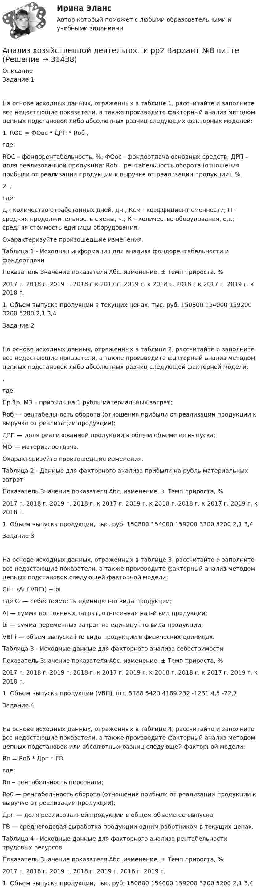      
          Описание
          Задание 1На основе исходных данных, отраженных в таблице 1, рассчитайте и заполните все недостающие показатели, а также произведите факторный анализ методом цепных подстановок либо абсолютных разниц следующих факторных моделей:1. RОС = ФОос * ДРП * Rоб ,где:RОС – фондорентабельность, %; ФОос - фондоотдача основных средств; ДРП – доля реализованной продукции; Rоб – рентабельность оборота (отношения прибыли от реализации продукции к выручке от реализации продукции), %.2. ,где:Д - количество отработанных дней, дн.; Ксм - коэффициент сменности; П - средняя продолжительность смены, ч.; К – количество оборудования, ед.;  - средняя стоимость единицы оборудования.Охарактеризуйте произошедшие изменения.Таблица 1 - Исходная информация для анализа фондорентабельности и фондоотдачиПоказатель	Значение показателя	Абс. изменение, ±	Темп прироста, %	2017 г.	2018 г.	2019 г.	2018 г к 2017 г.	2019 г. к 2018 г.	2018 г к 2017 г.	2019 г. к 2018 г.1. Объем выпуска продукции в текущих ценах, тыс. руб.	150800	154000	159200	3200	5200	2,1	3,4Задание 2На основе исходных данных, отраженных в таблице 2, рассчитайте и заполните все недостающие показатели, а также произведите факторный анализ методом цепных подстановок либо абсолютных разниц следующей факторной модели: ,где:Пр 1р. МЗ – прибыль на 1 рубль материальных затрат;Rоб — рентабельность оборота (отношения прибыли от реализации продукции к выручке от реализации продукции);ДРП — доля реализованной продукции в общем объеме ее выпуска;МО — материалоотдача.Охарактеризуйте произошедшие изменения.Таблица 2 - Данные для факторного анализа прибыли на рубль материальных затратПоказатель	Значение показателя	Абс. изменение, ±	Темп прироста, %	2017 г.	2018 г.	2019 г.	2018 г. к 2017 г.	2019 г. к 2018 г.	2018 г. к 2017 г.	2019 г. к 2018 г.1. Объем выпуска продукции, тыс. руб.	150800	154000	159200	3200	5200	2,1	3,4Задание 3На основе исходных данных, отраженных в таблице 3, рассчитайте и заполните все недостающие показатели, а также произведите факторный анализ методом цепных подстановок следующей факторной модели:Ci = (Аi / VВПi) + biгде Ci — себестоимость единицы i-ro вида продукции;Аi — сумма постоянных затрат, отнесенная на i-й вид продукции;bi — сумма переменных затрат на единицу i-ro вида продукции;VВПi — объем выпуска i-ro вида продукции в физических единицах.Таблица 3 - Исходные данные для факторного анализа себестоимостиПоказатель	Значение показателя	Абс. изменение, ±	Темп прироста, %	2017 г.	2018 г.	2019 г.	2018 г. к 2017 г.	2019 г. к 2018 г.	2018 г. к 2017 г.	2019 г. к 2018 г.1. Объем выпуска продукции (VВП), шт.	5188	5420	4189	232	-1231	4,5	-22,7Задание 4На основе исходных данных, отраженных в таблице 4, рассчитайте и заполните все недостающие показатели, а также произведите факторный анализ методом цепных подстановок или абсолютных разниц следующей факторной модели:Rп = Ro6 * Дрп * ГВгде:Rп – рентабельность персонала;Ro6 — рентабельность оборота (отношения прибыли от реализации продукции к выручке от реализации продукции);Дрп — доля реализованной продукции в общем объеме ее выпуска;ГВ — среднегодовая выработка продукции одним работником в текущих ценах.Таблица 4 - Исходные данные для факторного анализа рентабельности трудовых ресурсовПоказатель	Значение показателя	Абс. изменение, ±	Темп прироста, %	2017 г.	2018 г.	2019 г.	2018 г.	2019 г.	2018 г.	2019 г.1. Объем выпуска продукции, тыс. руб.	150800	154000	159200	3200	5200	2,1	3,4  
            
            
            Анализ хозяйственной деятельности  рр 1 вариант		7Анализ хозяйственной деятельности рр2  Вариант  №8 виттеАнализ цветовой организации среды городаАнализ целлюлозно-бумажного производства, издательской и полиграфической деятельности в России, Эстонии и Финляндии.Анализ шума в паре поршневой палец – втулка шатуна проводится: Анализ экспорта/импорта товара за 2009-2019 гг.Анализ элементов оборотных средстванализ фин.отчетнстиАНАЛИЗ ФОЛЬКЛОРНЫХ ТЕКСТОВАнализ формирования бюджетной отчётностианализ хоз. деятельности. вариант 3Анализ хозяйственной деятельностиАнализ хозяйственной деятельности анализ хозяйственной деятельности. вариант 17