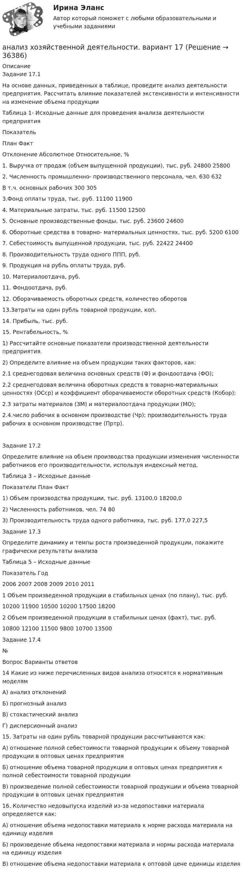     
          Описание
          	Задание 17.1 	На основе данных, приведенных в таблице, проведите анализ деятельности предприятия. Рассчитать влияние показателей экстенсивности и интенсивности на изменение объема продукции 	Таблица 1- Исходные данные для проведения анализа деятельности предприятия  Показатель План Факт Отклонение   Абсолютное Относительное, %    1. Выручка от продаж (объем выпущенной продукции), тыс. руб.  24800 25800    2. Численность промышленно- производственного персонала, чел.  630 632    В т.ч. основных рабочих  300 305    3.Фонд оплаты труда, тыс. руб.  11100 11900    4. Материальные затраты, тыс. руб.  11500 12500   5. Основные производственные фонды, тыс. руб.  23600 24600    6. Оборотные средства в товарно- материальных ценностях, тыс. руб. 5200 6100    7. Себестоимость выпущенной продукции, тыс. руб. 22422 24400    8. Производительность труда одного ППП, руб.    9. Продукция на рубль оплаты труда, руб.    10. Материалоотдача, руб.    11. Фондоотдача, руб.    12. Оборачиваемость оборотных средств, количество оборотов    13.Затраты на один рубль товарной продукции, коп.    14. Прибыль, тыс. руб.    15. Рентабельность, % 	1) Рассчитайте основные показатели производственной деятельности предприятия. 	2) Определите влияние на объем продукции таких факторов, как: 	2.1 среднегодовая величина основных средств (Ф) и фондоотдача (ФО); 	2.2 среднегодовая величина оборотных средств в товарно-материальных ценностях (ОСср) и коэффициент оборачиваемости оборотных средств (Кобор); 	2.3 затраты материалов (ЗМ) и материалоотдача продукции (МО); 	2.4.число рабочих в основном производстве (Чр); производительность труда рабочих в основном производстве (Пртр).	Задание 17.2 	Определите влияние на объем производства продукции изменения численности работников его производительности, используя индексный метод. 	Таблица 3 – Исходные данные  Показатели  План Факт   1) Объем производства продукции, тыс. руб.  13100,0    18200,0   2) Численность работников, чел.  74    80   3) Производительность труда одного работника, тыс. руб.  177,0    227,5 	Задание 17.3 	Определите динамику и темпы роста произведенной продукции, покажите графически результаты анализа	Таблица 5 – Исходные данные  Показатель Год   2006 2007 2008 2009 2010 2011   1 Объем произведенной продукции в стабильных ценах (по плану), тыс. руб. 10200 11900 10500 10200 17500 18200   2 Объем произведенной продукции в стабильных ценах (факт), тыс. руб.  10800 12100 11500 9800 10700 13500 	Задание 17.4  № Вопрос  Варианты ответов   14 Какие из ниже перечисленных видов анализа относятся к нормативным моделям А) анализ отклоненийБ) прогнозный анализВ) стохастический анализГ) дисперсионный анализ   15. Затраты на один рубль товарной продукции рассчитываются как: А) отношение полной себестоимости товарной продукции к объему товарной продукции в оптовых ценах предприятияБ) отношение объема товарной продукции в оптовых ценах предприятия к полной себестоимости товарной продукцииВ) произведение полной себестоимости товарной продукции и объема товарной продукции в оптовых ценах предприятия   16. Количество недовыпуска изделий из-за недопоставки материала определяется как: А) отношение объема недопоставки материала к норме расхода материала на единицу изделияБ) произведение объема недопоставки материала и нормы расхода материала на единицу изделияВ) отношение объема недопоставки материала к оптовой цене единицы изделия  
            
            
            Анализ хозяйственной деятельности анализ хозяйственной деятельности. вариант 17Анализ хозяйственной деятельности вариант на Ф ( 8 вариант)Анализ хозяйственной деятельности  рр 1 вариант		7Анализ хозяйственной деятельности рр2  Вариант  №8 виттеАнализ цветовой организации среды городаАнализ целлюлозно-бумажного производства, издательской и полиграфической деятельности в России, Эстонии и Финляндии.Анализ фин. отчетности. Тема 6. Анализ пояснений к годовой бухгалтерской ф...Анализ фин. отчетности. Тема 7. Особенности анализа сводной (консолидирова..Анализ фин. отчетности. Тема 8. Раскрытие информации бухгалтерской финансо... / анализ фин.отчетнстиАНАЛИЗ ФОЛЬКЛОРНЫХ ТЕКСТОВАнализ формирования бюджетной отчётностианализ хоз. деятельности. вариант 3