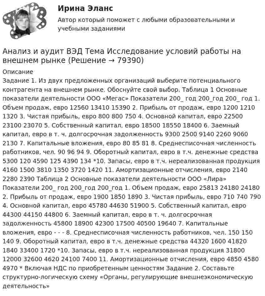      
            Описание
            Задание 1. Из двух предложенных организаций выберите потенциального контрагента на внешнем рынке. Обоснуйте свой выбор. Таблица 1 Основные показатели деятельности ООО «Мегас» Показатели 200_ год 200_год 200_ год 1. Объем продаж, евро 12560 13410 15390 2. Прибыль от продаж, евро 1200 1210 1320 3. Чистая прибыль, евро 800 800 750 4. Основной капитал, евро 22500 23100 23070 5. Собственный капитал, евро 18500 18550 18400 6. Заемный капитал, евро в т. ч. долгосрочная задолженность 9300 2500 9140 2260 9060 2130 7. Капитальные вложения, евро 80 85 81 8. Среднесписочная численность работников, чел. 90 96 94 9. Оборотный капитал, евро в т.ч. денежные средства 5300 120 4590 125 4390 134 *10. Запасы, евро в т.ч. нереализованная продукция 4160 1500 3810 1350 3720 1420 11. Амортизационные отчисления, евро 2140 2280 2390 Таблица 2 Основные показатели деятельности ООО «Лира» Показатели 200_ год 200_год 200_год 1. Объем продаж, евро 25813 24180 24180 2. Прибыль от продаж, евро 1900 1850 1890 3. Чистая прибыль, евро 710 740 790 4. Основной капитал, евро 45780 44630 51900 5. Собственный капитал, евро 44300 44150 44800 6. Заемный капитал, евро в т. ч. долгосрочная задолженность 45800 18900 42300 17500 40500 19640 7. Капитальные вложения, евро - - - 8. Среднесписочная численность работников, чел. 150 150 140 9. Оборотный капитал, евро в т.ч. денежные средства 44320 1600 41820 1840 33400 1720 *10. Запасы, евро в т.ч. нереализованная продукция 31800 12000 32600 4620 24100 7400 11. Амортизационные отчисления, евро 4850 4580 4970 * Включая НДС по приобретенным ценностям Задание 2. Составьте структурно-логическую схему «Органы, регулирующие внешнеэкономическую деятельность»   
            
            
            Анализ и аудит ВЭД Тема Аудит и анализ импортных операцийАнализ и аудит ВЭД Тема Исследование условий работы на внешнем рынкеАнализ и аудит ВЭД Тема Методика аудита и анализа экспортных операций в организацииАнализ и аудит ВЭД Тема Основные положения аудита и анализа внешнеэкономической деятельностиАнализ и диагностика деятельности организации РСЧСАнализ и диагностика финансово-хозяйственной деятельности предприятияАнализ и диагностика финансово-хозяйственной деятельности предприятия АНАЛИЗ И АУДИТ ВНЕШНЕЭКОНОМИЧЕСКОЙ ДЕЯТЕЛЬНОСТИ.Тема 4. Аудит и анализ импортных операцийАнализ и аудит ВЭДАнализ и аудит ВЭД все задания Анализ и аудит ВЭД  ВСЕ ЗАДАНИЯ Анализ и аудит ВЭД.Тема 2. Анализ и аудит ВЭД.Тема 3.Анализ и аудит ВЭД.Тема 5. Аудит и анализ деятельности организаций с иностранными инвестициямиФайл