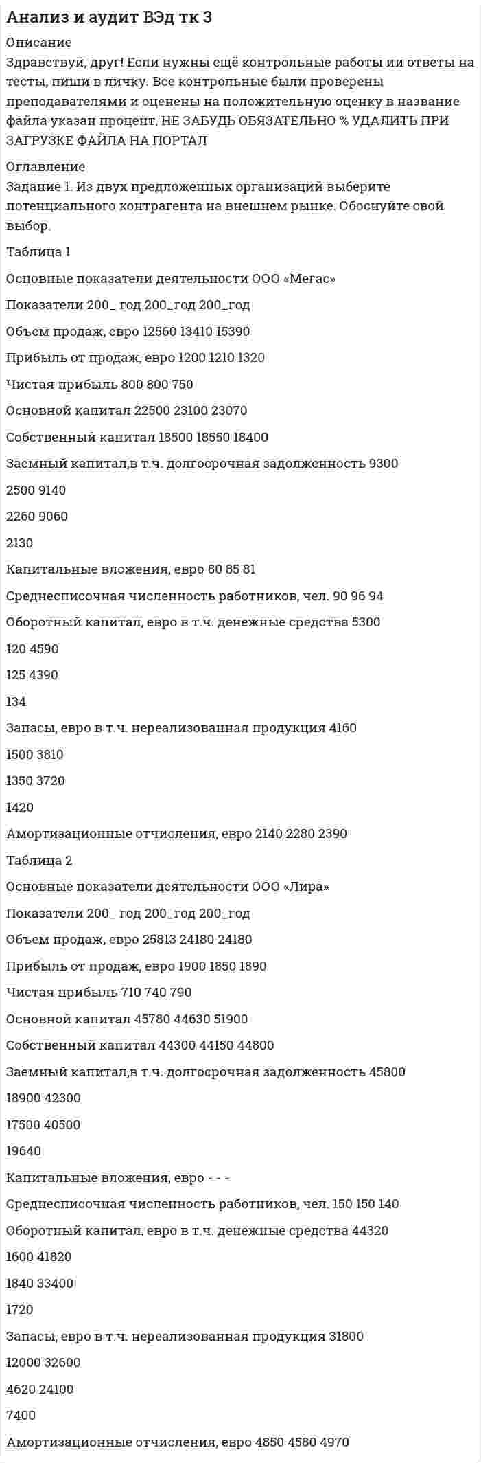 




Описание


Работа сдана на максимальный балл. 51 из 51.
Описание:
ЗАДАНИЕ 1
Из предложенного списка выберите проблемные области, дающие о себе знать в вашей организации. Затем по каждому из выбранных направлений предложите два-три конкретных мероприятия, которые могли бы улучшить положение дел в вашей организации.
 
ЗАДАНИЕ 2
Применительно к собственной организации укажите, что из современных подходов к управлению может быть особенно полезным для существенного улучшения основных показателей ее работы (продажи, производство, издержки и др.).
 
ЗАДАНИЕ 3
Специалисты выделяют пять сфер, в которых проявляется успешность руководителя в процессе решения лидерских задач:
1. Коммуникативная сфера
2. Внимание к людям
3. Использование власти
4. Принятие решений
5. Мотивация подчиненных.
Дайте характеристику этих сфер.



            
            
            Задание 1. Из двух предложенных организаций выберите потенциального контрагента на внешнем рынке. Обоснуйте свой выбор. Таблица 1 Основные показатели деятельности ООО «Мегас»Задание 1. Из двух предложенных организаций выберите потенциального контрагента на внешнем рынке. Обоснуйте свой выбор. Таблица 1 Основные показатели деятельности ООО «Мегас» Показатели 200_ год 200_год 200_годЗадание 1  издержки производстваЗадание 1 Изменение курса акций промышленной компании в течение месяца представлено в таблице 1. С помощью критерия серий, основанного на медиане выборки, проверить утверждение о том, что в изменении курса акций имеется тенденция.Задание 1 Изобразите в виде кругов Эйлера соотношение объемов следующих понятий: бизон, лев, мебель, животное, космонавт. Задание 2 Проверьте правильность обобщения данного понятия: компьютер – диск – флешка. Задание 3ЗАДАНИЕ 1 Из предложенного списка выберите проблемные области, дающие о себе знать в вашей организации. Затем по каждому из выбранных направлений предложите два-три конкретных мероприятия, которые могли бы улучшить положение дел в вашей организации.Задание 1. Из предложенных ниже частей письма составьте деловое письмо согласно правилам, изложенным в теме “Структура делового письма”. Оформите составленное вами деловое письмо по образцу на стр. 7. Обозначьте части письма цифрами, соответствующими названиям частей делового письма, как это указано в образце.Задание 1. Заполните пропуски. Переведите. 1. Bathroom 2. Office 3. Entrance 4. Floor 5. Exit sign 6. Stairwell 7. Master bedroom 8. Garage 9.Living room 10.Kitchen 11. Utility roomЗадание 1. Заполните таблицу «Контроль деятельности учителя и учащихся на различных этапах урока» Задание 3. В пособии для учителя приводится план зимней экскурсии в природу. Определите дидактическую задачу и место наблюдений за деревьями и кустарниками на этой экскурсии. Дайте оценку та­кого, например, плана наблюдений:Задание 1. Заполните таблицу. Опишите четыре жизненные ситуации неприемлемого поведения ребенка или подростка, наблюдаемые лично или со слов родителей. Описывать необходимо только действия, слова, разговоры, поступки. Не использовать предположения: «не хотел», «не нравится» и т.д.Задание 1. Заполните таблицу особенностей развития физических качеств у младших школьников Физические качества/Возраст интенсивного развитияЗадание 1. Заполните таблицу «Характеристика основных прикладных программных средств, необходимых для компьютеризации документационного обеспечения управленческой деятельности».Задание 1 звучит так: Задание: Составьте интеллект - карту статьи автора Ю.В. Маслянка «Система образования в условиях ценностно-смыслового кризиса: философский анализ»задание 1 и 2
