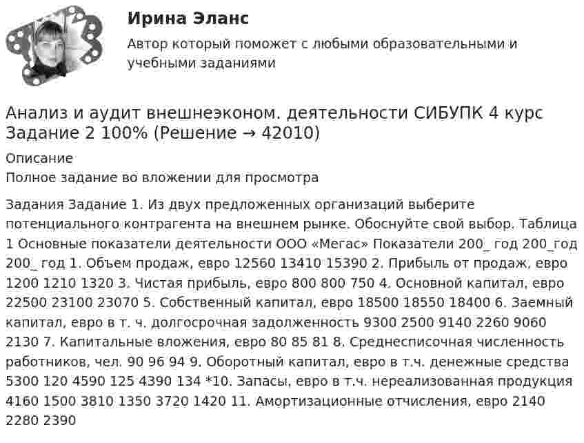     
          Описание
          Полное задание во вложении для просмотраЗадания Задание 1. Из двух предложенных организаций выберите потенциального контрагента на внешнем рынке. Обоснуйте свой выбор. Таблица 1 Основные показатели деятельности ООО «Мегас» Показатели 200_ год 200_год 200_ год 1. Объем продаж, евро 12560 13410 15390 2. Прибыль от продаж, евро 1200 1210 1320 3. Чистая прибыль, евро 800 800 750 4. Основной капитал, евро 22500 23100 23070 5. Собственный капитал, евро 18500 18550 18400 6. Заемный капитал, евро в т. ч. долгосрочная задолженность 9300 2500 9140 2260 9060 2130 7. Капитальные вложения, евро 80 85 81 8. Среднесписочная численность работников, чел. 90 96 94 9. Оборотный капитал, евро в т.ч. денежные средства 5300 120 4590 125 4390 134 *10. Запасы, евро в т.ч. нереализованная продукция 4160 1500 3810 1350 3720 1420 11. Амортизационные отчисления, евро 2140 2280 2390  
            
            
            Анализ и аудит внешнеэконом. деятельности СИБУПК 4 курс Задание 1 60%Анализ и аудит внешнеэконом. деятельности СИБУПК 4 курс Задание 2 100%Анализ и аудит внешнеэконом. деятельности СИБУПК 4 курс Задание 3 100%Анализ и аудит внешнеэконом. деятельности СИБУПК 4 курс Задание 4 100%Анализ и аудит внешнеэконом. деятельности СИБУПК 4 курс Задание 5 100%Анализ и аудит внешнеэконом. деятельности СИБУПК 4 курс Итоговый тест 93,33%Анализ и аудит внешнеэконом. деятельности СИБУПК 4 курс Тест 1,2 100%Анализ деятельности кредитных организаций (98 вопросов)Анализ деятельности Совета Безопасности в 1991 -2008 ггАНАЛИЗ ДИНАМИКИ ВВП ЭЛЬ САЛЬВАДОР. График изменения ее ВВП (в национальной валюте) за период с 1970 по 2018 г. (Государство Эль Сальвадор) Анализ динамики цены акции, причин, вызвавших изменения, и прогноз изменения цены акции компании (отечественной или зарубежной). Анализ динамики цены товара, причин, вызвавших изменения, и прогноз изменения цены по отдельному товару на фондовом рынке РФ.анализ заказной публикации (цель, аудитория, использование соц.феномена (-ов), использование медиа-эффектов, использование фреймов, успешность / неуспешность с аргументацией по показателям, рекомендации по улучшению). Список литературыАнализ занятий аквафитнесом в физическом воспитании младших школьников