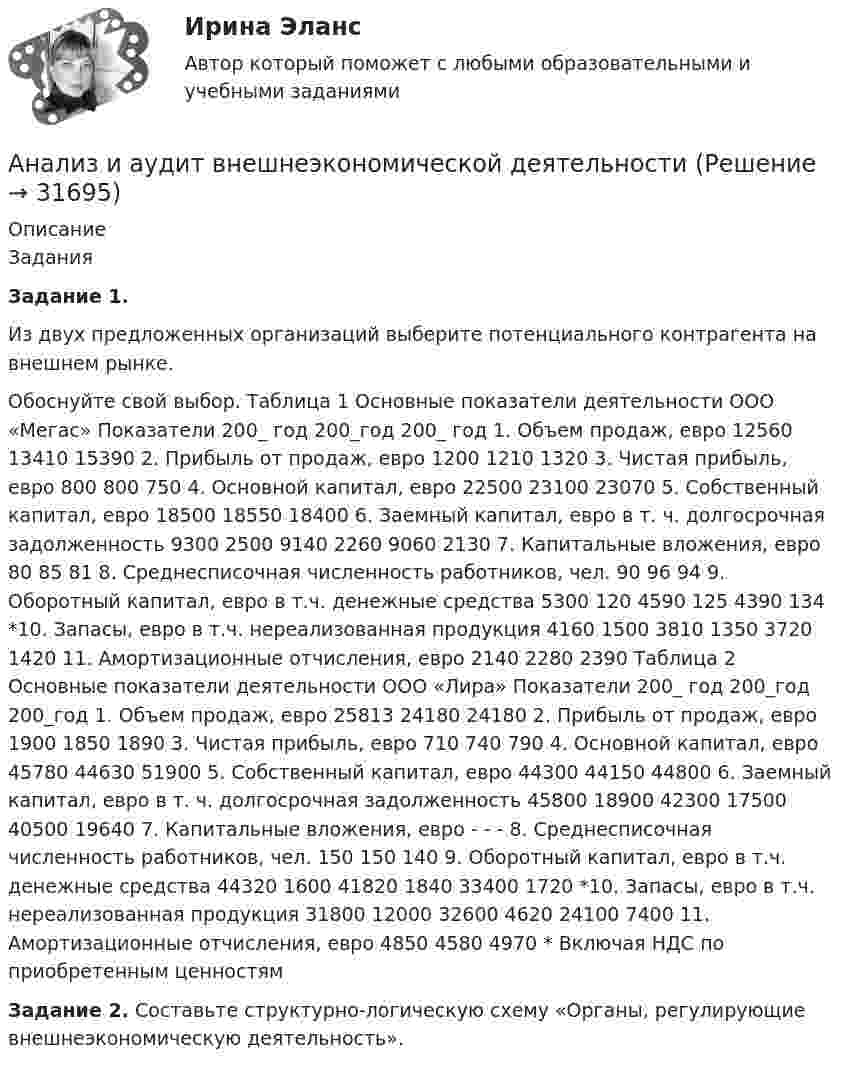     
          Описание
          Задания Задание 1. Из двух предложенных организаций выберите потенциального контрагента на внешнем рынке. Обоснуйте свой выбор. Таблица 1 Основные показатели деятельности ООО «Мегас» Показатели 200_ год 200_год 200_ год 1. Объем продаж, евро 12560 13410 15390 2. Прибыль от продаж, евро 1200 1210 1320 3. Чистая прибыль, евро 800 800 750 4. Основной капитал, евро 22500 23100 23070 5. Собственный капитал, евро 18500 18550 18400 6. Заемный капитал, евро в т. ч. долгосрочная задолженность 9300 2500 9140 2260 9060 2130 7. Капитальные вложения, евро 80 85 81 8. Среднесписочная численность работников, чел. 90 96 94 9. Оборотный капитал, евро в т.ч. денежные средства 5300 120 4590 125 4390 134 *10. Запасы, евро в т.ч. нереализованная продукция 4160 1500 3810 1350 3720 1420 11. Амортизационные отчисления, евро 2140 2280 2390 Таблица 2 Основные показатели деятельности ООО «Лира» Показатели 200_ год 200_год 200_год 1. Объем продаж, евро 25813 24180 24180 2. Прибыль от продаж, евро 1900 1850 1890 3. Чистая прибыль, евро 710 740 790 4. Основной капитал, евро 45780 44630 51900 5. Собственный капитал, евро 44300 44150 44800 6. Заемный капитал, евро в т. ч. долгосрочная задолженность 45800 18900 42300 17500 40500 19640 7. Капитальные вложения, евро - - - 8. Среднесписочная численность работников, чел. 150 150 140 9. Оборотный капитал, евро в т.ч. денежные средства 44320 1600 41820 1840 33400 1720 *10. Запасы, евро в т.ч. нереализованная продукция 31800 12000 32600 4620 24100 7400 11. Амортизационные отчисления, евро 4850 4580 4970 * Включая НДС по приобретенным ценностям Задание 2. Составьте структурно-логическую схему «Органы, регулирующие внешнеэкономическую деятельность».  
            
            
            Анализ и аудит внешнеэконом. деятельности СИБУПК 4 курс Тест 3,4,5 100%Анализ и аудит внешнеэкономической деятельностиАнализ и аудит внешнеэкономической деятельностиАнализ и аудит внешнеэкономической деятельностиАнализ и аудит внешнеэкономической деятельности Итоговый Анализ и аудит внешнеэкономической деятельности Итоговый тест Анализ и аудит внешнеэкономической деятельности ИТОГОВЫЙ ТЕСТ Анализ и аудитАнализ и аудит внешнеэконом. деятельности СИБУПК 4 курс Задание 1 60%Анализ и аудит внешнеэконом. деятельности СИБУПК 4 курс Задание 2 100%Анализ и аудит внешнеэконом. деятельности СИБУПК 4 курс Задание 3 100%Анализ и аудит внешнеэконом. деятельности СИБУПК 4 курс Задание 4 100%Анализ и аудит внешнеэконом. деятельности СИБУПК 4 курс Задание 5 100%Анализ и аудит внешнеэконом. деятельности СИБУПК 4 курс Итоговый тест 93,33%