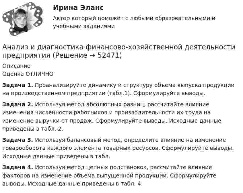      
            Описание
            Оценка ОТЛИЧНО Задача 1. Проанализируйте динамику и структуру объема выпуска продукции на производственном предприятии (табл.1). Сформулируйте выводы.Задача 2. Используя метод абсолютных разниц, рассчитайте влияние изменения численности работников и производительности их труда на изменение выручки от продаж. Сформулируйте выводы. Исходные данные приведены в табл. 2.Задача 3. Используя балансовый метод, определите влияние на изменение товарооборота каждого элемента товарных ресурсов. Сформулируйте выводы. Исходные данные приведены в табл.  Задача 4. Используя метод цепных подстановок, рассчитайте влияние факторов на изменение объема выпущенной продукции. Сформулируйте выводы. Исходные данные приведены в табл. 4.  
            
            
            Анализ и диагностика деятельности организации РСЧСАнализ и диагностика финансово-хозяйственной деятельности предприятияАнализ и диагностика финансово-хозяйственной деятельности предприятияАнализ и диагностика финансово-хозяйственной деятельности предприятияАнализ и диагностика финансово-хозяйственной деятельности предприятияАнализ и диагностика финансово-хозяйственной деятельности предприятия (3.6  СИБУПК) все задания!Анализ и диагностика финансово-хозяйственной деятельности предприятия, задание 1Анализ и аудит ВЭД.Тема 2. Анализ и аудит ВЭД.Тема 3.Анализ и аудит ВЭД.Тема 5. Аудит и анализ деятельности организаций с иностранными инвестициямиФайлАнализ и аудит ВЭД Тема Аудит и анализ деятельности организаций с иностранными инвестициямиАнализ и аудит ВЭД Тема Аудит и анализ импортных операцийАнализ и аудит ВЭД Тема Исследование условий работы на внешнем рынкеАнализ и аудит ВЭД Тема Методика аудита и анализа экспортных операций в организации