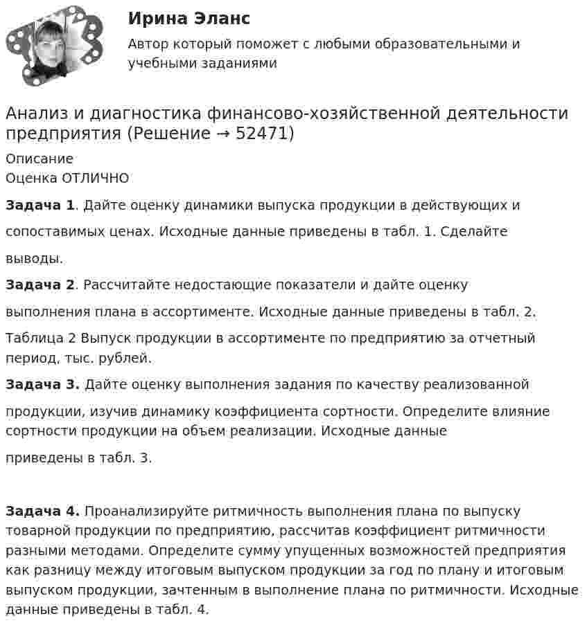      
            Описание
            Оценка ОТЛИЧНО Задача 1. Дайте оценку динамики выпуска продукции в действующих исопоставимых ценах. Исходные данные приведены в табл. 1. Сделайтевыводы.Задача 2. Рассчитайте недостающие показатели и дайте оценкувыполнения плана в ассортименте. Исходные данные приведены в табл. 2.Таблица 2 Выпуск продукции в ассортименте по предприятию за отчетный период, тыс. рублей.Задача 3. Дайте оценку выполнения задания по качеству реализованнойпродукции, изучив динамику коэффициента сортности. Определите влияние сортности продукции на объем реализации. Исходные данныеприведены в табл. 3.Задача 4. Проанализируйте ритмичность выполнения плана по выпуску товарной продукции по предприятию, рассчитав коэффициент ритмичности разными методами. Определите сумму упущенных возможностей предприятия как разницу между итоговым выпуском продукции за год по плану и итоговым выпуском продукции, зачтенным в выполнение плана по ритмичности. Исходные данные приведены в табл. 4.  
            
            
            Анализ и диагностика финансово-хозяйственной деятельности предприятияАнализ и диагностика финансово-хозяйственной деятельности предприятияАнализ и диагностика финансово-хозяйственной деятельности предприятияАнализ и диагностика финансово-хозяйственной деятельности предприятия (3.6  СИБУПК) все задания!Анализ и диагностика финансово-хозяйственной деятельности предприятия, задание 1Анализ и диагностика финансово-хозяйственной деятельности предприятия задание 3(СИБУПК)Анализ и диагностика финансово-хозяйственной деятельности предприятия задание 4(СИБУПК)Анализ и аудит ВЭД.Тема 5. Аудит и анализ деятельности организаций с иностранными инвестициямиФайлАнализ и аудит ВЭД Тема Аудит и анализ деятельности организаций с иностранными инвестициямиАнализ и аудит ВЭД Тема Аудит и анализ импортных операцийАнализ и аудит ВЭД Тема Исследование условий работы на внешнем рынкеАнализ и аудит ВЭД Тема Методика аудита и анализа экспортных операций в организацииАнализ и аудит ВЭД Тема Основные положения аудита и анализа внешнеэкономической деятельностиАнализ и диагностика деятельности организации РСЧС