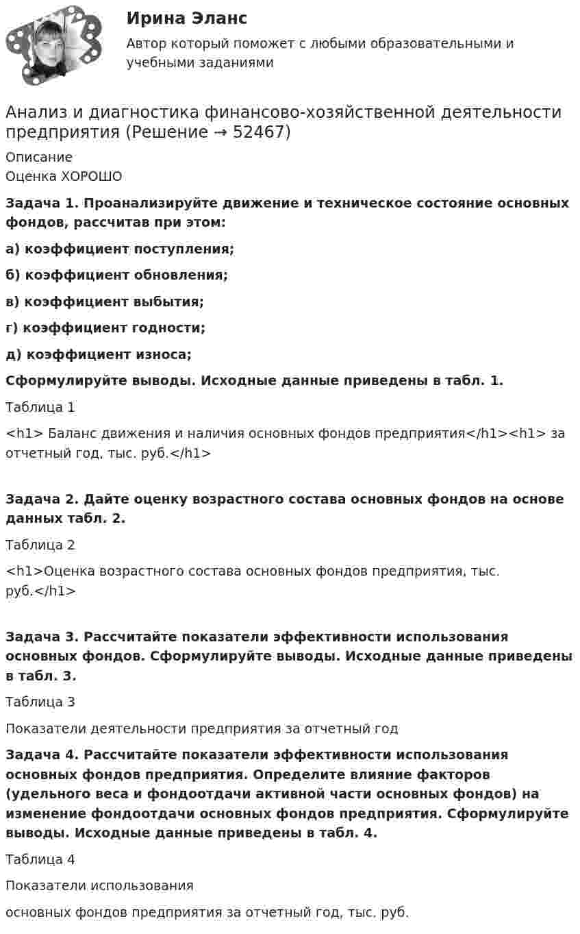      
            Описание
            Оценка ХОРОШОЗадача 1. Проанализируйте движение и техническое состояние основных фондов, рассчитав при этом:а) коэффициент поступления;б) коэффициент обновления;в) коэффициент выбытия;г) коэффициент годности;д) коэффициент износа;Сформулируйте выводы. Исходные данные приведены в табл. 1.	Таблица 1<h1>	Баланс движения и наличия основных фондов предприятия</h1><h1>	за отчетный год, тыс. руб.</h1>Задача 2. Дайте оценку возрастного состава основных фондов на основе данных табл. 2.	Таблица 2<h1>Оценка возрастного состава основных фондов предприятия, тыс. руб.</h1> Задача 3. Рассчитайте показатели эффективности использования основных фондов. Сформулируйте выводы. Исходные данные приведены в табл. 3.	Таблица 3Показатели деятельности предприятия за отчетный годЗадача 4. Рассчитайте показатели эффективности использования основных фондов предприятия. Определите влияние факторов (удельного веса и фондоотдачи активной части основных фондов) на изменение фондоотдачи основных фондов предприятия. Сформулируйте выводы. Исходные данные приведены в табл. 4.	Таблица 4	Показатели использования  основных фондов предприятия за отчетный год, тыс. руб.  
            
            
            Анализ и диагностика финансово-хозяйственной деятельности предприятияАнализ и диагностика финансово-хозяйственной деятельности предприятияАнализ и диагностика финансово-хозяйственной деятельности предприятияАнализ и диагностика финансово-хозяйственной деятельности предприятияАнализ и диагностика финансово-хозяйственной деятельности предприятия (3.6  СИБУПК) все задания!Анализ и диагностика финансово-хозяйственной деятельности предприятия, задание 1Анализ и диагностика финансово-хозяйственной деятельности предприятия задание 3(СИБУПК)Анализ и аудит ВЭД.Тема 3.Анализ и аудит ВЭД.Тема 5. Аудит и анализ деятельности организаций с иностранными инвестициямиФайлАнализ и аудит ВЭД Тема Аудит и анализ деятельности организаций с иностранными инвестициямиАнализ и аудит ВЭД Тема Аудит и анализ импортных операцийАнализ и аудит ВЭД Тема Исследование условий работы на внешнем рынкеАнализ и аудит ВЭД Тема Методика аудита и анализа экспортных операций в организацииАнализ и аудит ВЭД Тема Основные положения аудита и анализа внешнеэкономической деятельности