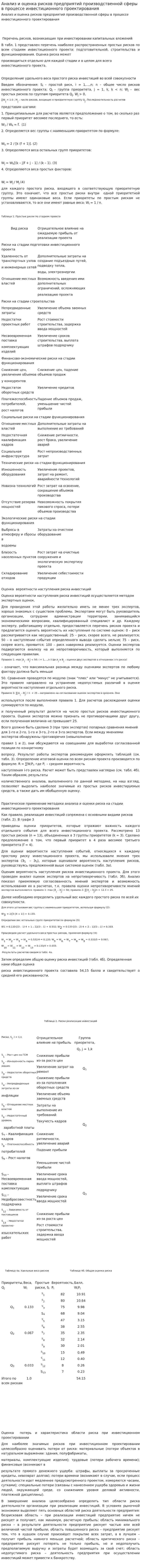 Анализ и оценка рисков предприятий производственной сферы в процессе инвестиционного проектирования