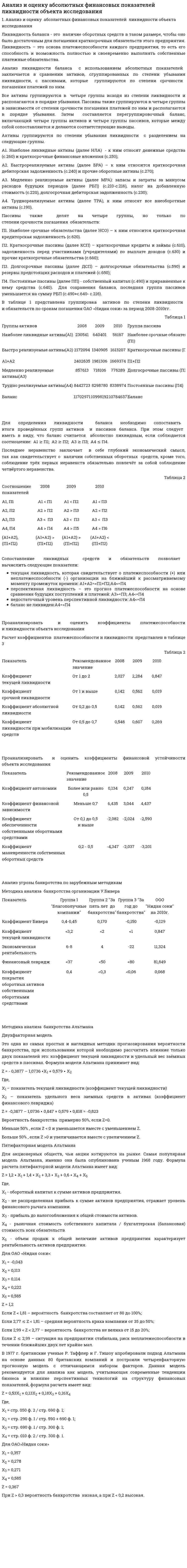 Анализ и оценку абсолютных финансовых показателей ликвидности объекта исследования