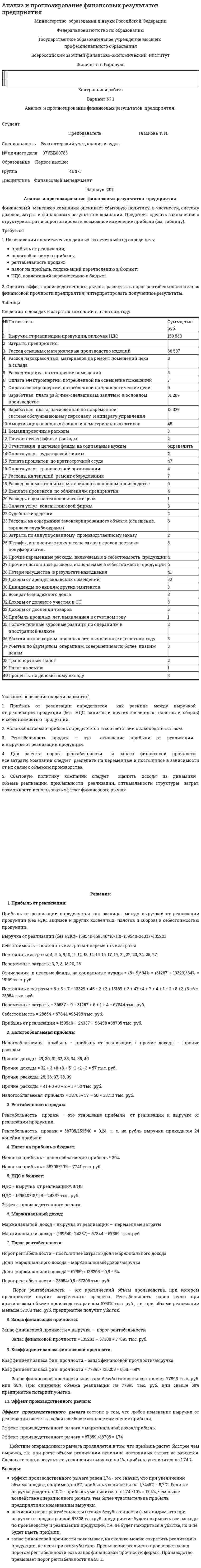 Анализ и прогнозирование финансовых результатов предприятия. 4