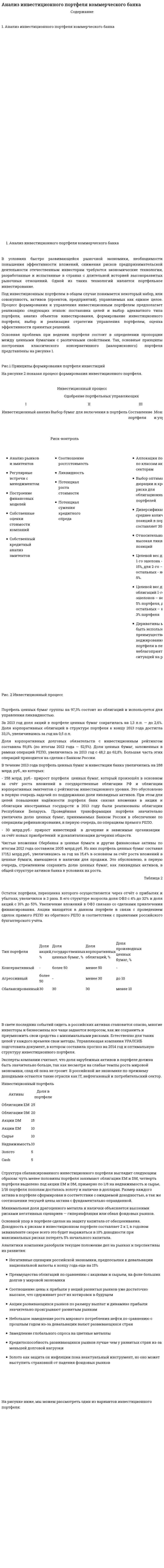 Анализ инвестиционного портфеля коммерческого банка
