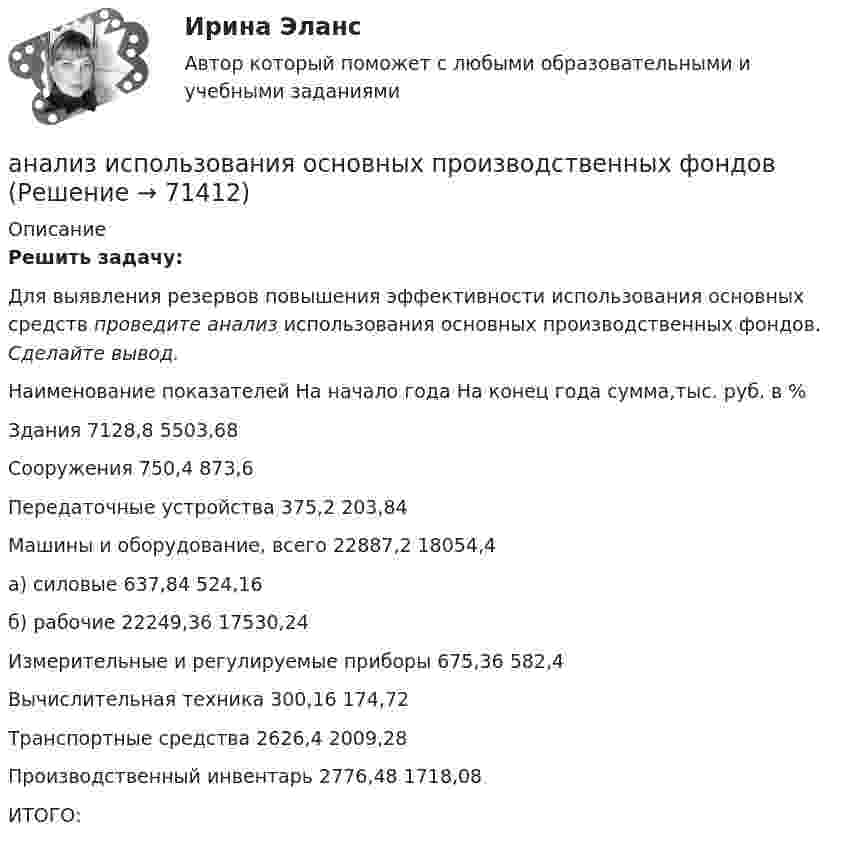     
            Описание
            Решить задачу:	Для выявления резервов повышения эффективности использования основных средств проведите анализ использования основных производственных фондов. Сделайте вывод.  Наименование показателей На начало года На конец года   сумма,тыс. руб. в %    Здания 7128,8   5503,68     Сооружения 750,4   873,6     Передаточные устройства 375,2 203,84     Машины и оборудование, всего 22887,2 18054,4     а) силовые 637,84 524,16     б) рабочие 22249,36 17530,24     Измерительные и регулируемые приборы 675,36 582,4     Вычислительная техника 300,16   174,72     Транспортные средства 2626,4 2009,28     Производственный инвентарь 2776,48   1718,08     ИТОГО:     
            
            
            Анализ исключений из закона спроса (по работе Х. Лейбенстайна «Эффект присоединения к большинству, эффект сноба и эффект Веблена в теории покупательского спроса». Конкретные примеры из экономики  анализ использования основных производственных фондовАнализ использования чистой прибылиАнализ и формирование системы внешних и внутренних коммуникаций организацииАнализ как метод психолого-педагогических исследований характеризуется ... Анализ кейса «Конфликт: руководитель-подчиненный»Анализ кинециклограммы бега расчетно-аналитическим методом 1Анализ и прогнозирование социально-экономического развития Кировской области»Анализ и прогноз на рынке ценных бумагАнализ и проектирование производственных процессов Анализ и разработка защиты информации в компьютерной сети предприятииАнализ и разработка методов построения отказоустойчивого файлового сервера организацииАнализ и разработка стратегии развития организации. Синергия. Ответы на ИТОГОВЫЙ ТЕСТ. На отлично!Анализируются четыре проекта. Составить оптимальный инвестиционный проект, если объем инвестиций ограничен суммой 2300 и проекты