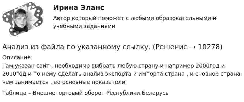     
          Описание
          Там указан сайт , необходимо выбрать любую страну и например 2000год и 2010год и по нему сделать анализ экспорта и импорта страна , и сновное страна чем занимается , ее основные показателиТаблица – Внешнеторговый оборот Республики Беларусь  
            
            
            Анализ и диагностика финансово-хозяйственной деятельности предприятия СИБУПК заданияАнализ из файла по указанному ссылку. АНАЛИЗ И ИНТЕРПРЕТАЦИЯ ФИНАНСОВОЙ ОТЧЕТНОСТИ ДЛЯ РАЗЛИЧНЫХ ГРУПП ПОЛЬЗОВАТЕЛЕЙ - ВШЭАнализ индивидуальности героя кинофильмаАнализ инновационной идеиАнализ инновационных процессов в организацииАнализ и оценка влияния банковских рисков на кредитно-инвестиционный потенциал банковской сферыАнализ и диагностика финансово-хозяйственной деятельности предприятия задание 3(СИБУПК)Анализ и диагностика финансово-хозяйственной деятельности предприятия задание 4(СИБУПК)Анализ и диагностика финансово-хозяйственной деятельности предприятия задание 5(СИБУПК)Анализ и диагностика финансово-хозяйственной деятельности предприятия задание 6(СИБУПК)Анализ и диагностика финансово-хозяйственной деятельности предприятия задание 7(СИБУПК)Анализ и диагностика финансово-хозяйственной деятельности предприятия задание 8(СИБУПК)Анализ и диагностика финансово-хозяйственной деятельности предприятия задание 9(СИБУПК)