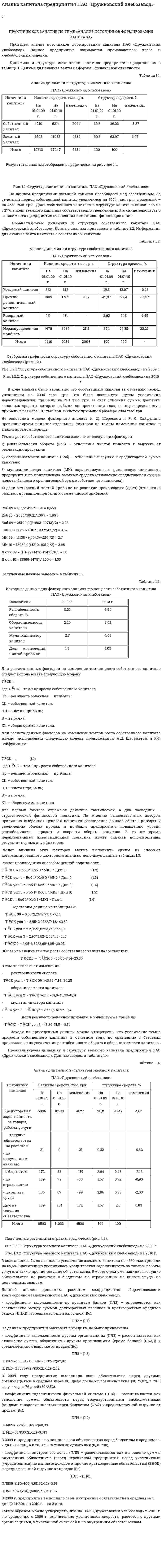 Анализ капитала предприятия ПАО «Дружковский хлебозавод»