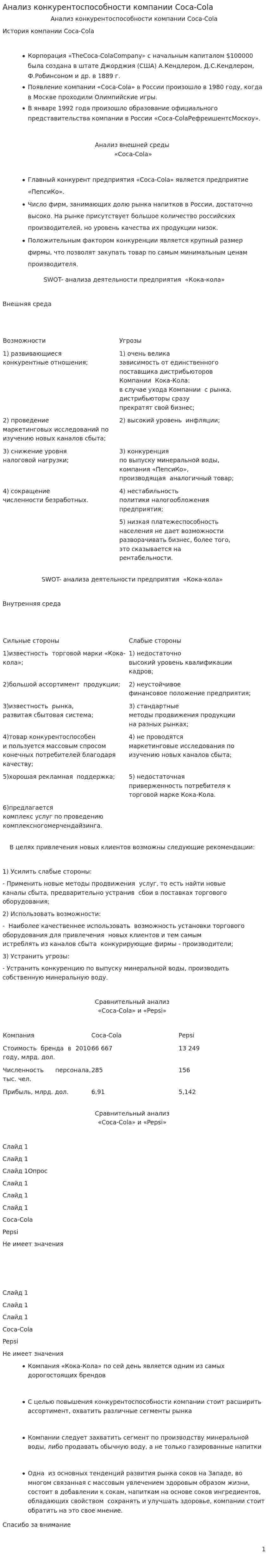 Анализ конкурентоспособности компании Coca-Cola