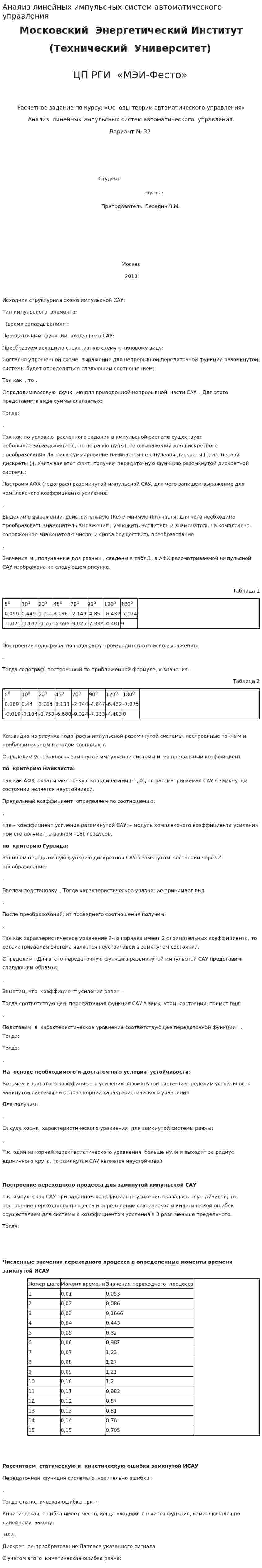 Анализ линейных импульсных систем автоматического управления