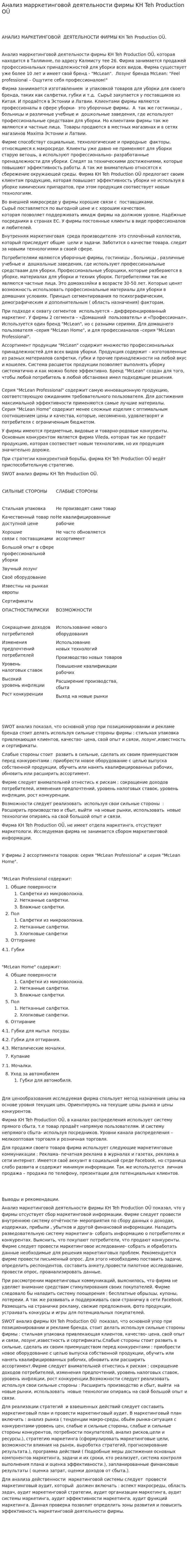 Анализ марркетинговой деятельности фирмы KH Teh Production OÜ