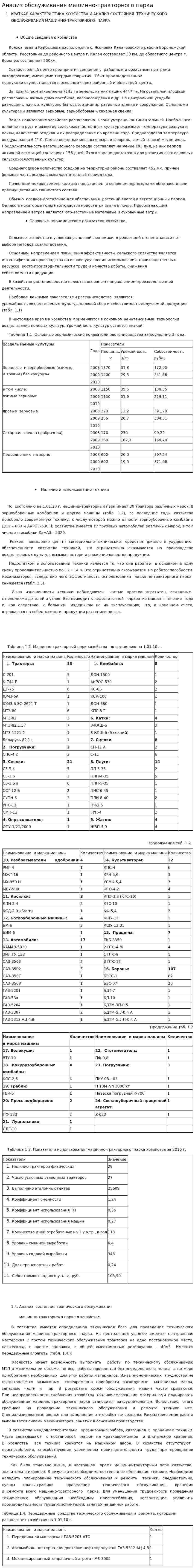 Анализ обслуживания машинно-тракторного парка
