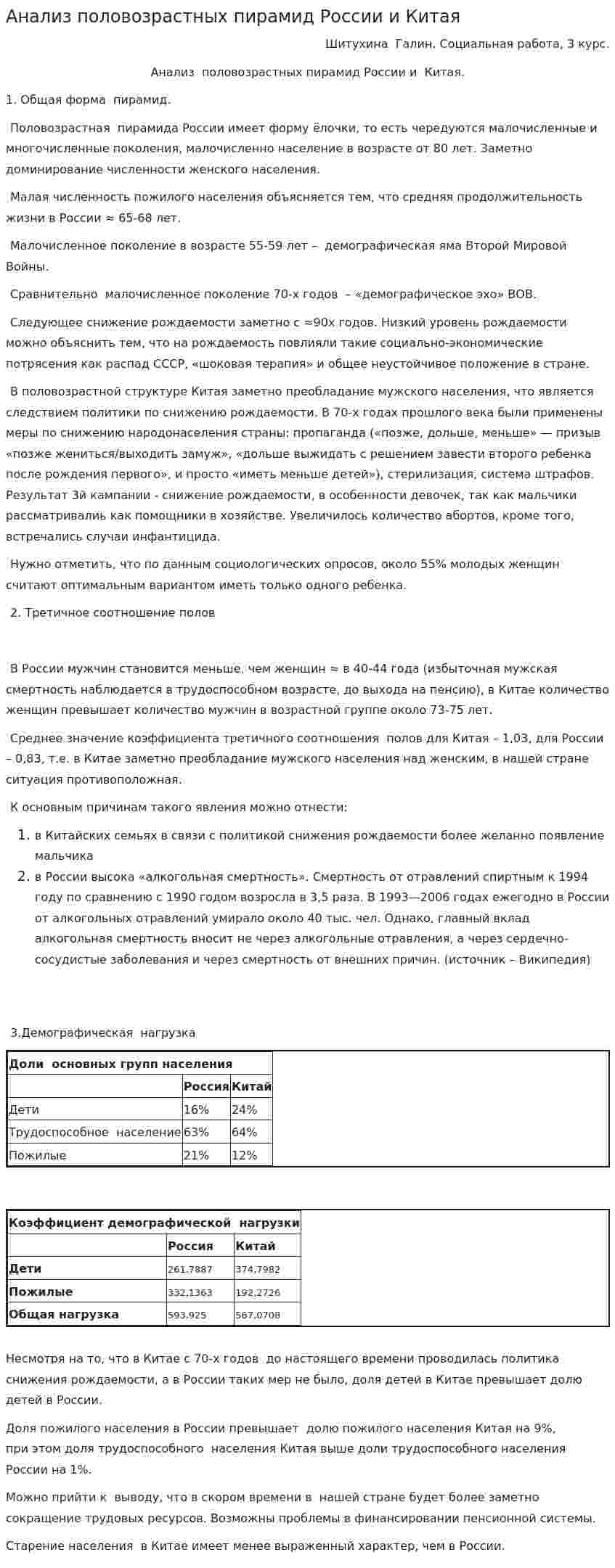 Анализ половозрастных пирамид России и Китая