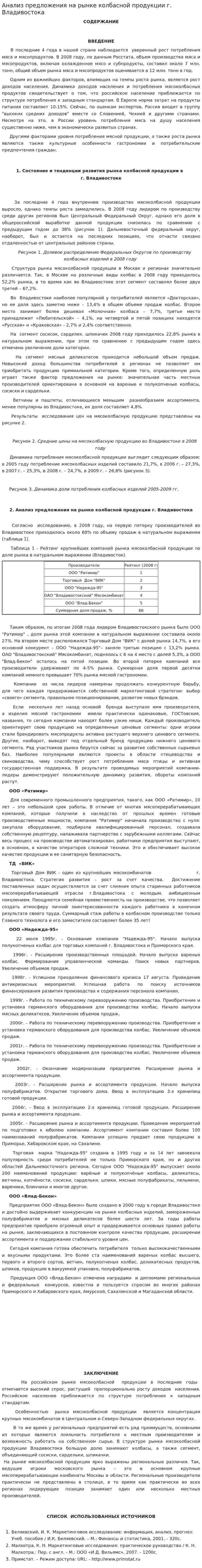 Анализ предложения на рынке колбасной продукции г. Владивостока