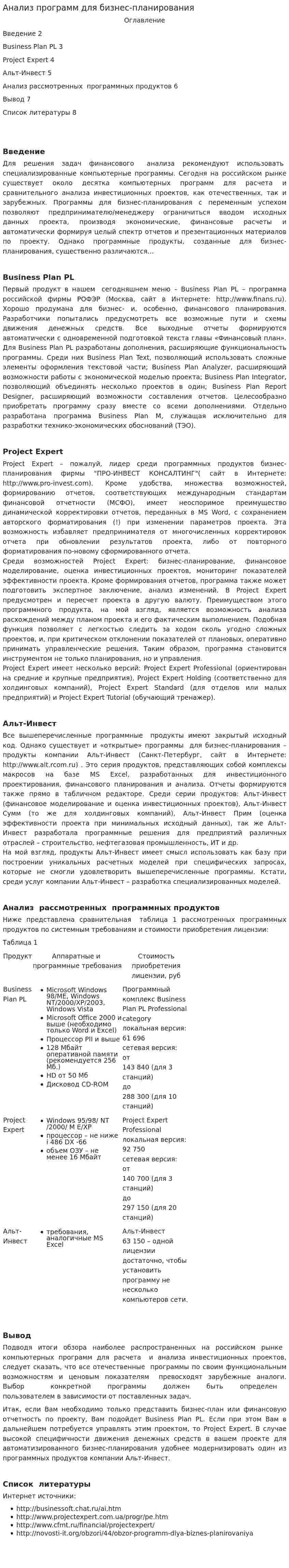 Анализ программ для бизнес-планирования