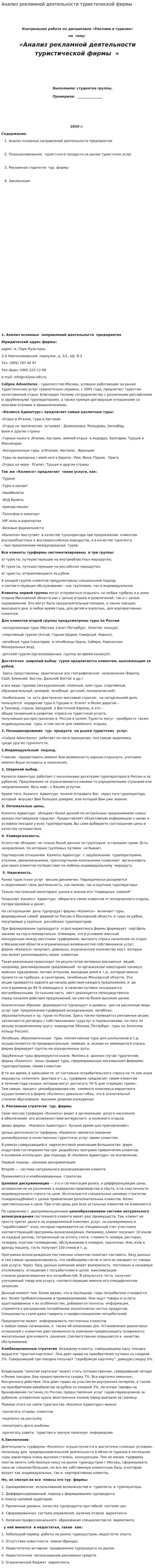 Анализ рекламной деятельности туристической фирмы