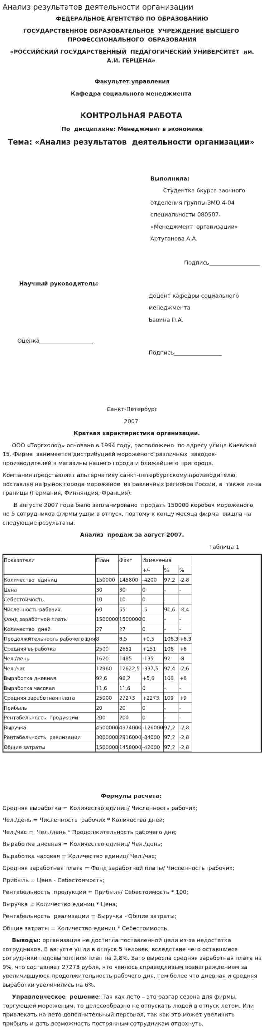 Анализ результатов деятельности организации