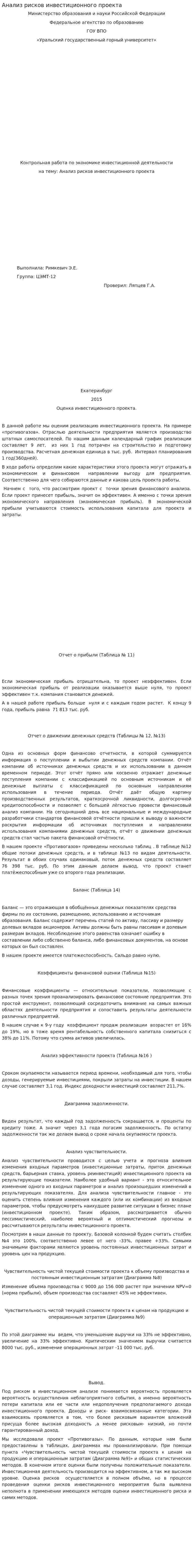 Анализ рисков инвестиционного проекта
