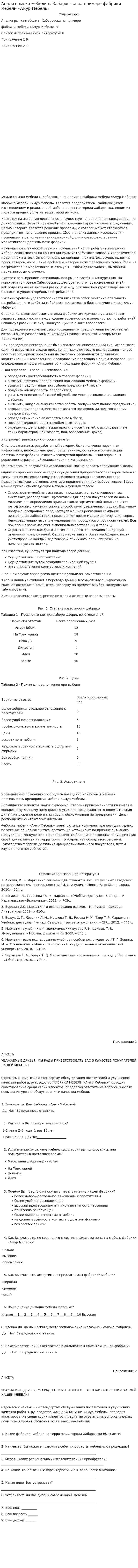 Анализ рынка мебели г. Хабаровска на примере фабрики мебели «Амур Мебель»