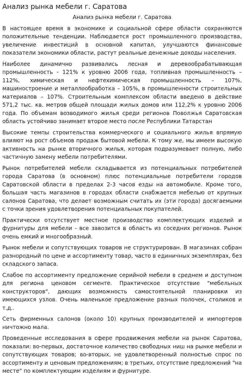 Анализ рынка мебели г. Саратова