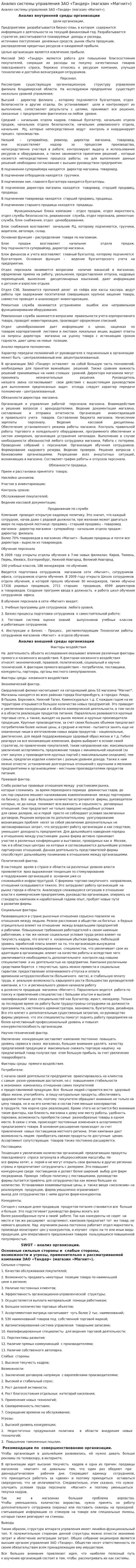 Анализ системы управления ЗАО «Тандер» (магазин «Магнит»)