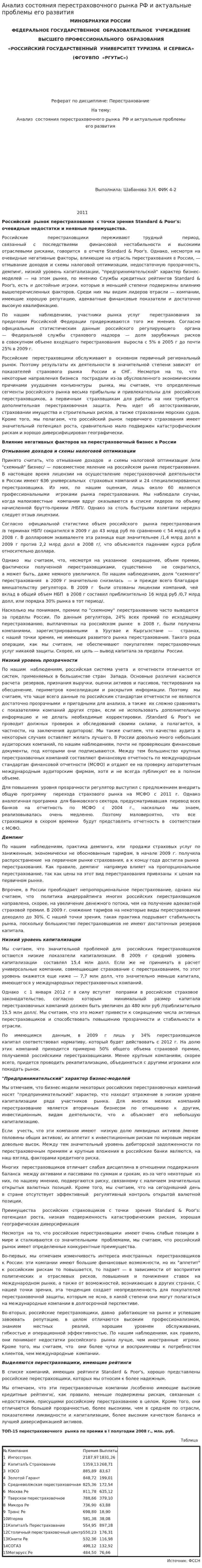 Анализ состояния перестраховочного рынка РФ и актуальные проблемы его развития