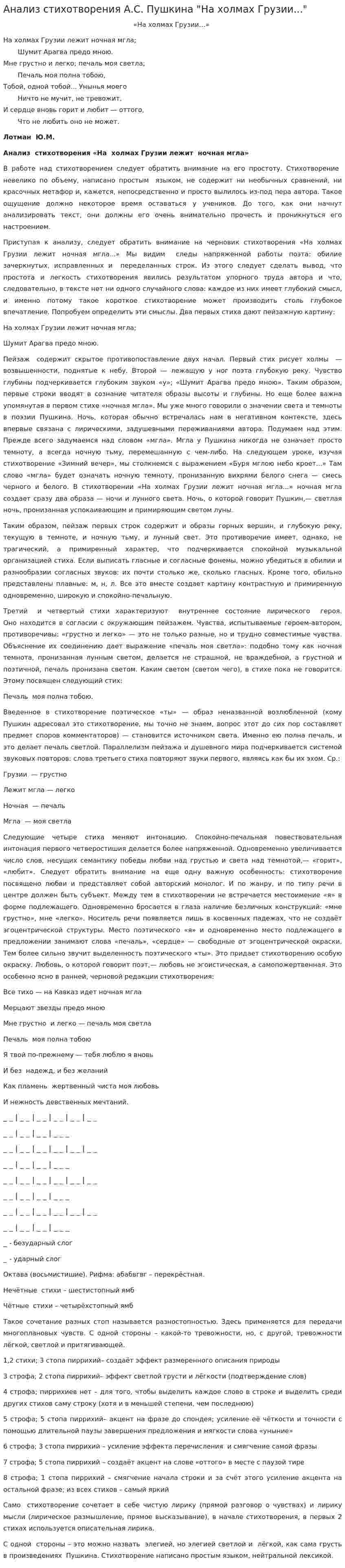 Анализ стихотворения А.С. Пушкина "На холмах Грузии..."
