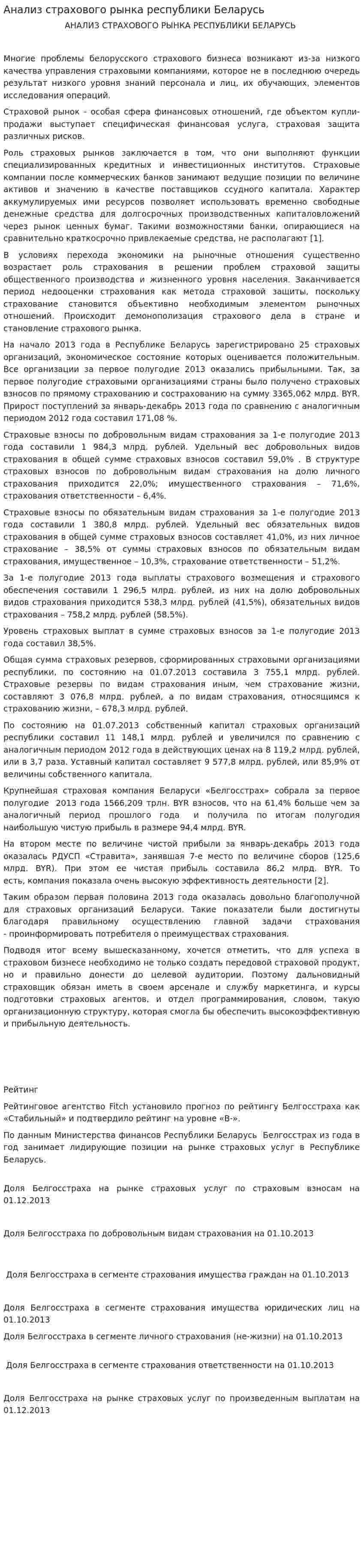 Анализ страхового рынка республики Беларусь