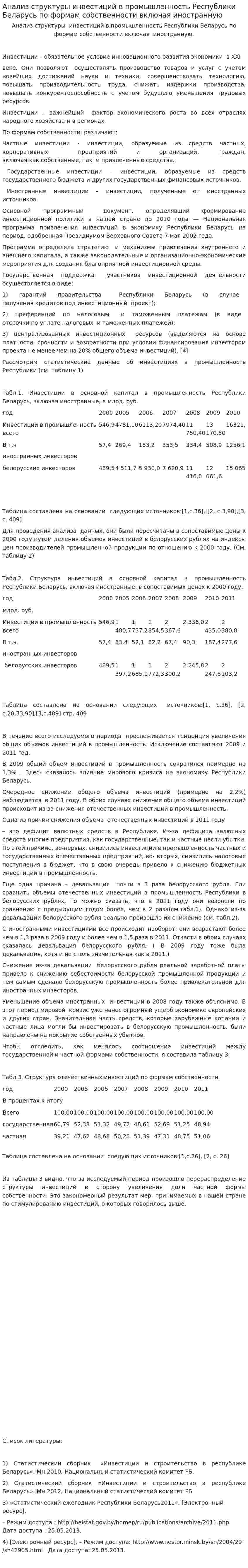 Анализ структуры инвестиций в промышленность Республики Беларусь по формам собственности включая иностранную