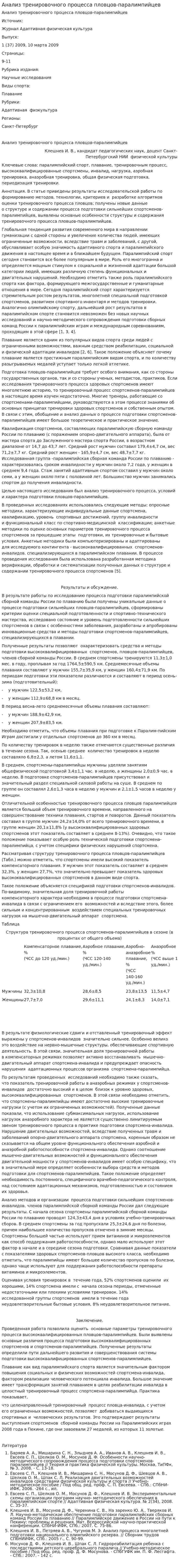 Анализ тренировочного процесса пловцов-паралимпийцев