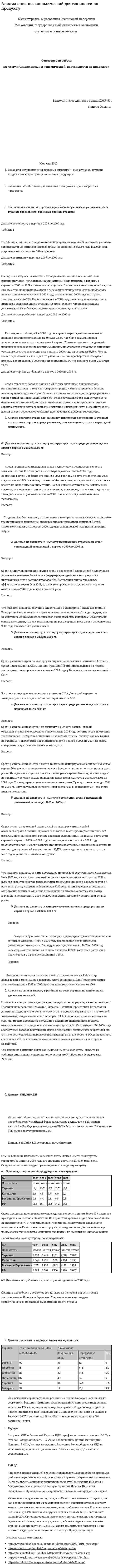 Анализ внешнеэкономической деятельности по продукту