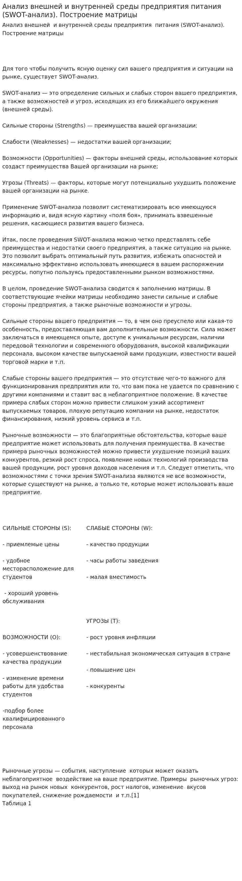 Анализ внешней и внутренней среды предприятия питания (SWOT-анализ). Построение матрицы