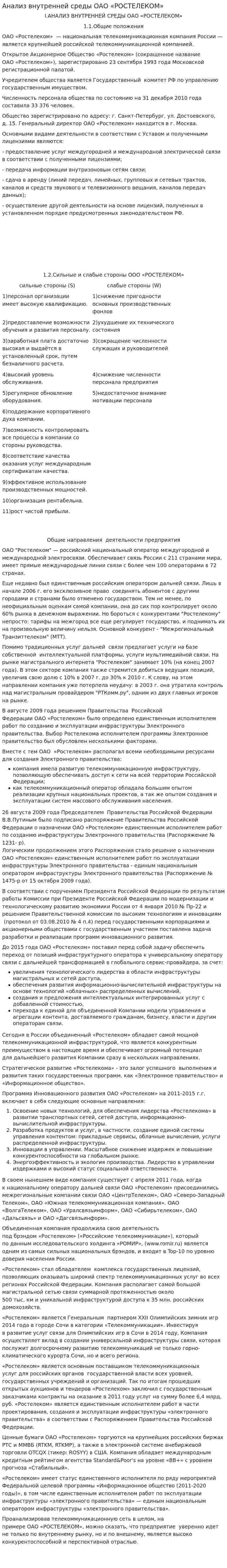 Анализ внутренней среды ОАО «РОСТЕЛЕКОМ»