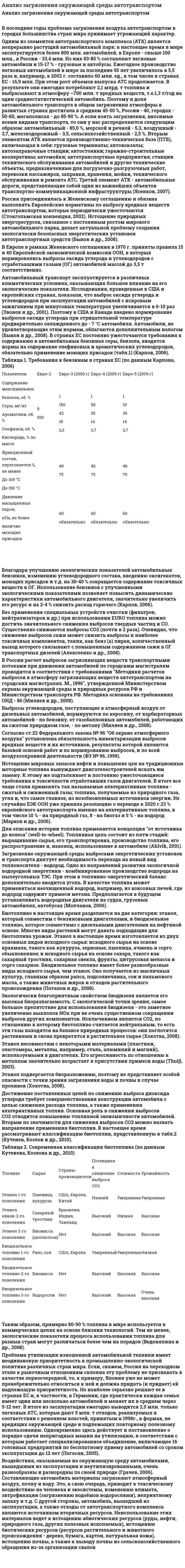 Анализ загрязнения окружающей среды автотранспортом