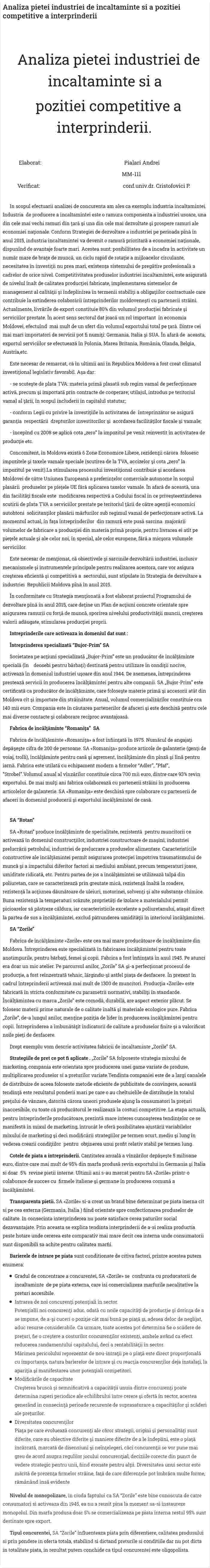 Analiza pietei industriei de incaltaminte si a pozitiei competitive a interprinderii