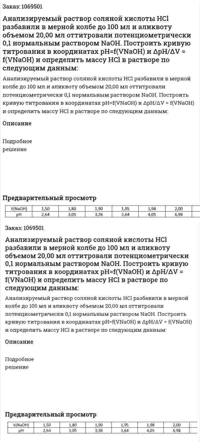 Анализируемый раствор соляной кислоты HCl разбавили в мерной колбе до 100 мл и аликвоту объемом 20,00 мл оттитровали потенциометрически 0,1 нормальным раствором NaOH. Построить кривую титрования в координатах pH=f(VNaOH) и ΔpH/ΔV = f(VNaOH) и определить массу HCl в растворе по следующим данным: 