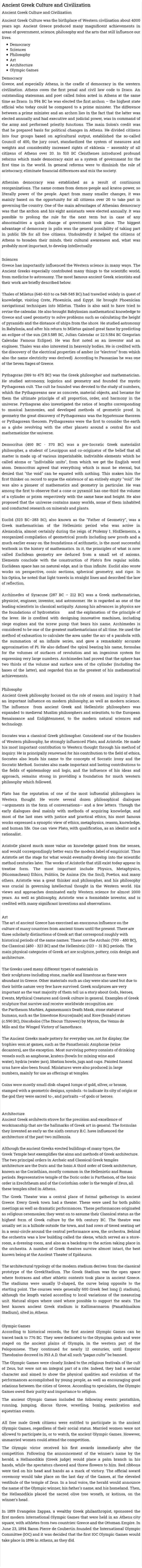 Ancient Greek Culture and Civilization